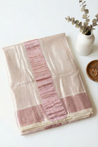 Kerala plain tissue saree with rose gold zari