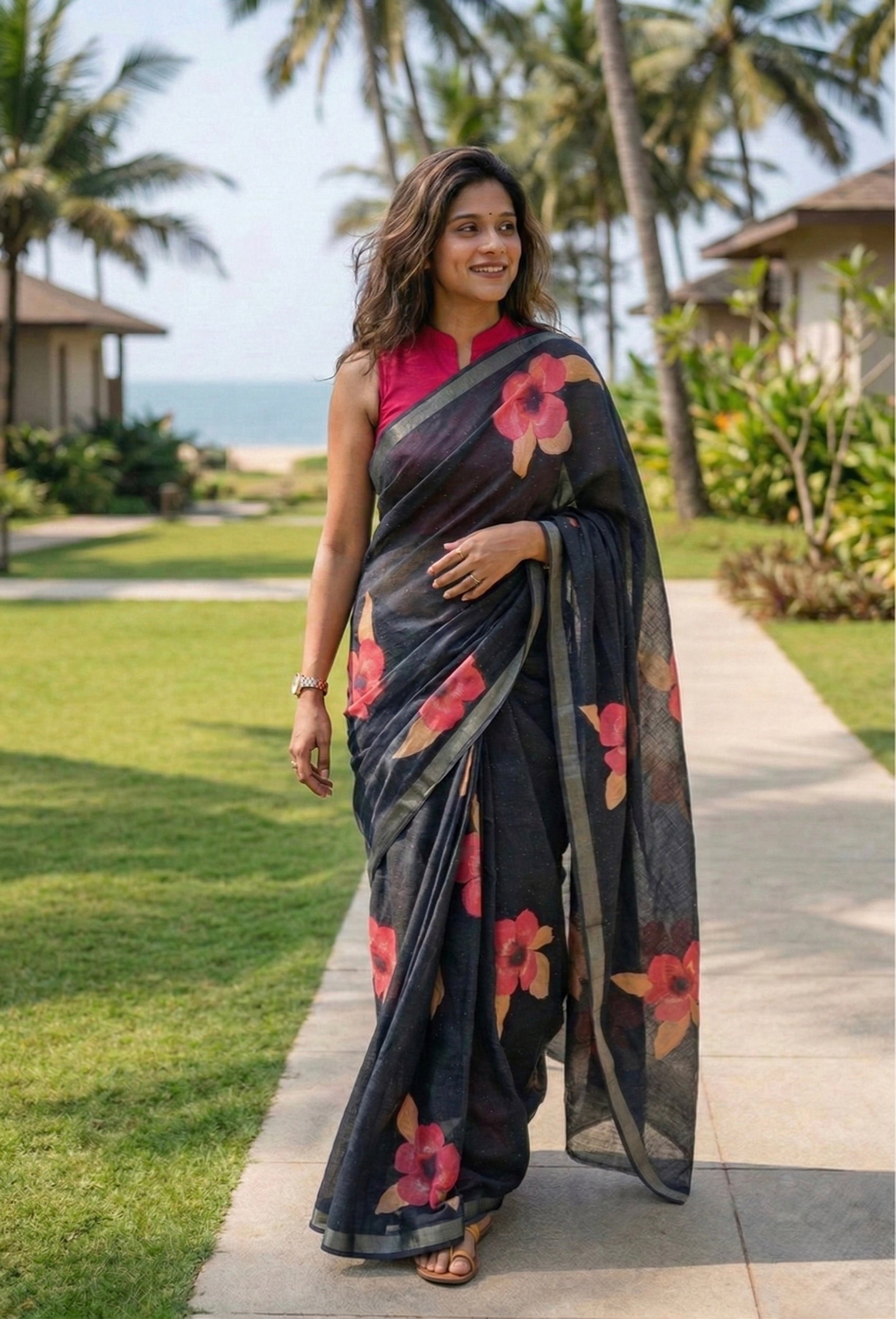 Linen Cotton floral print saree