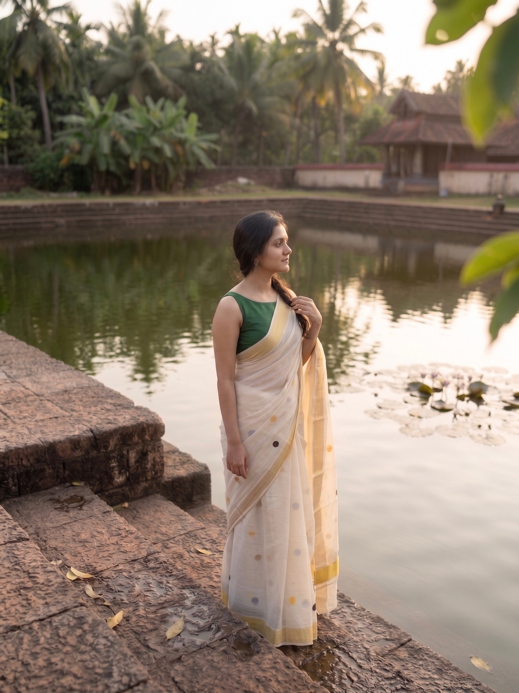 Kerala kasavu saree with printed polka dots