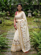 Kerala kasavu saree with handpainted floral design