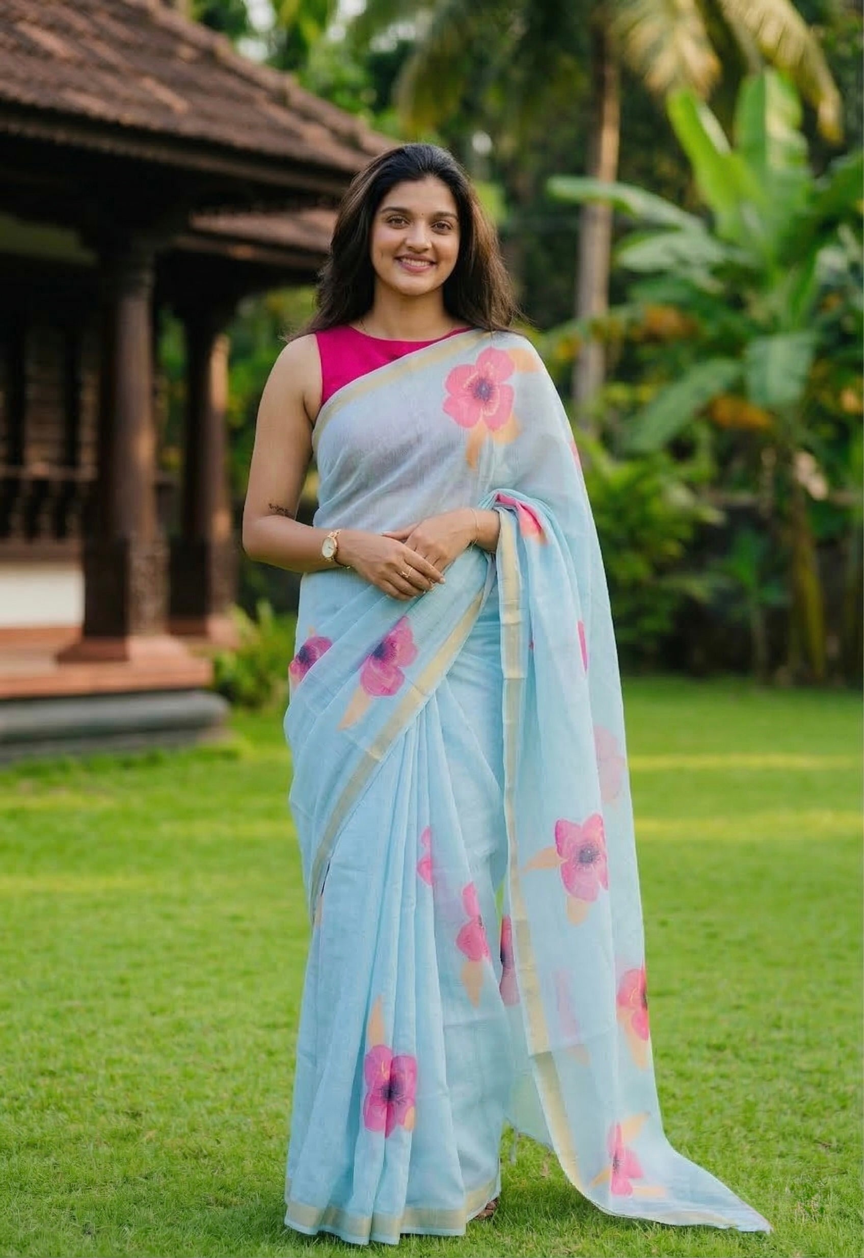 Linen Cotton floral print saree