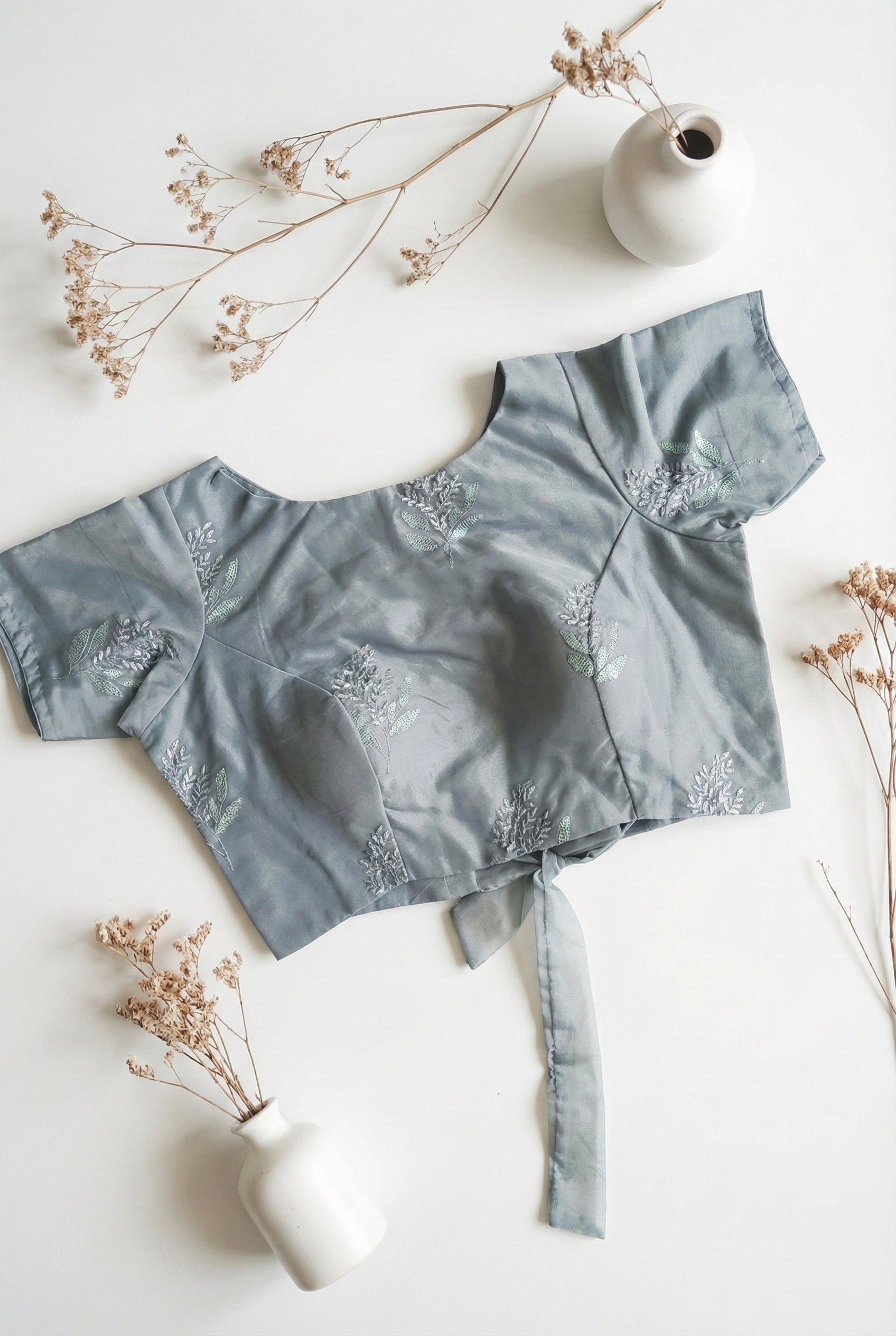 Organza Boat Neck Back Tie Blouse