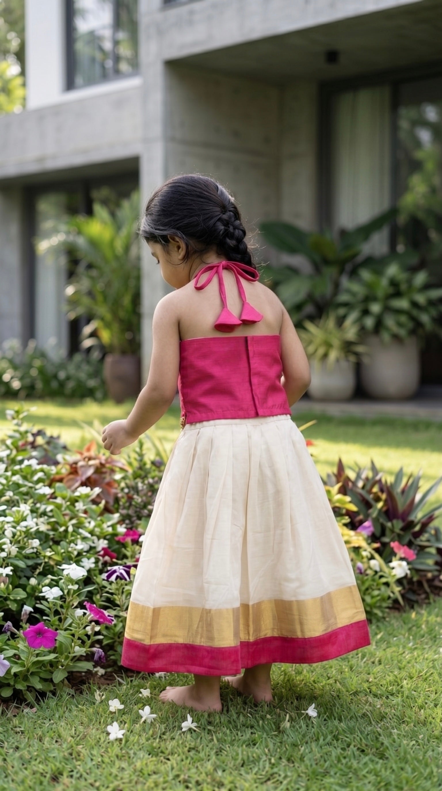 Pink & Ivory halter neck ethnic skirt and top for girls