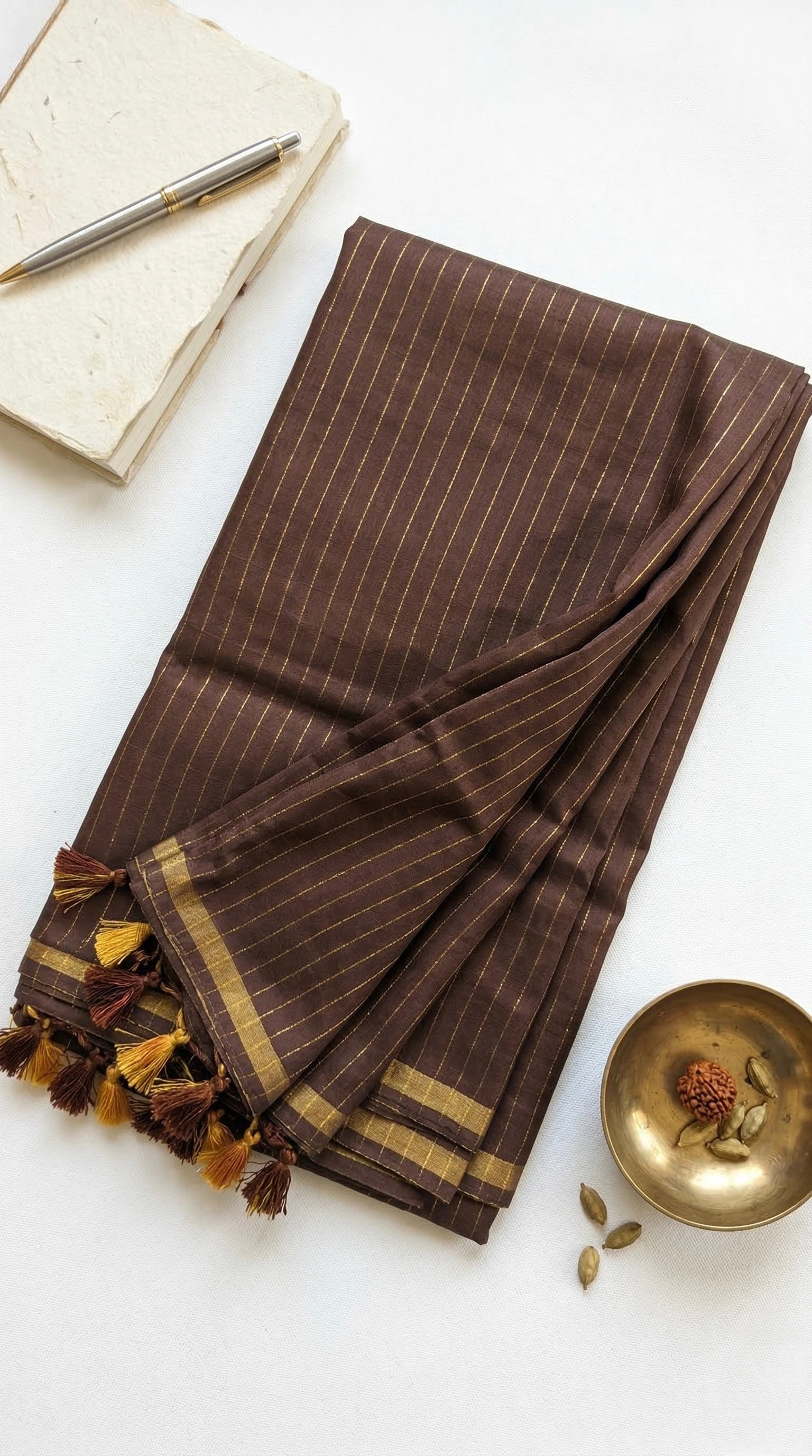 Cotton Silk Saree with gold zari stripes and Sequin pallu