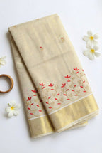 Kerala kasavu saree with gold zari and embroidery