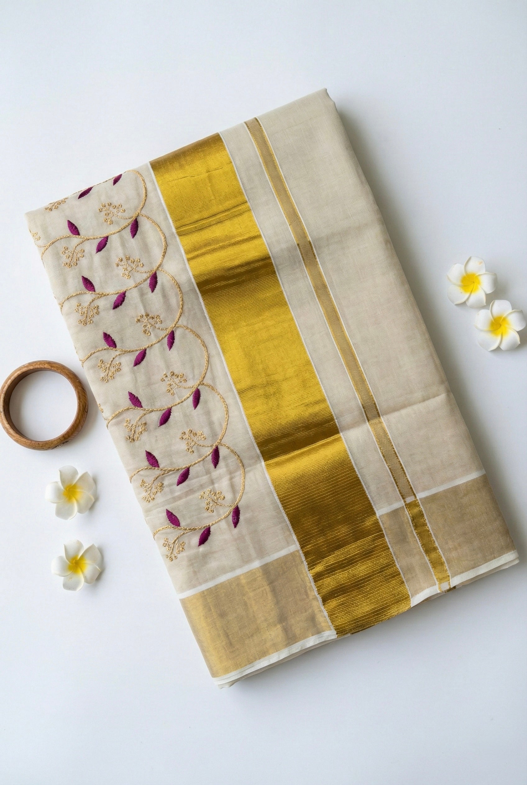 Kerala kasavu saree with gold zari and embroidery