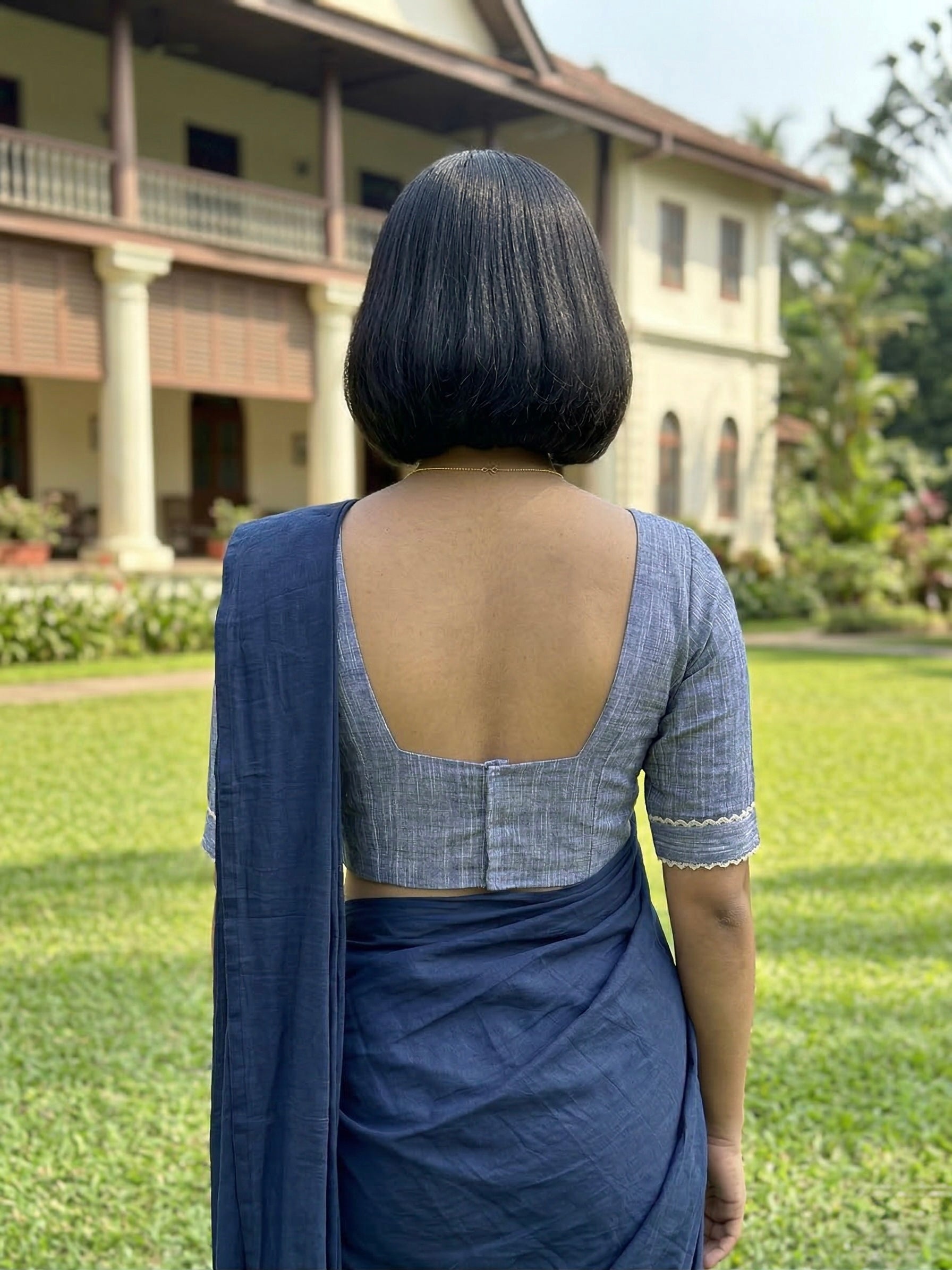 Cotton blouse with elbow length sleeves and lace detailing