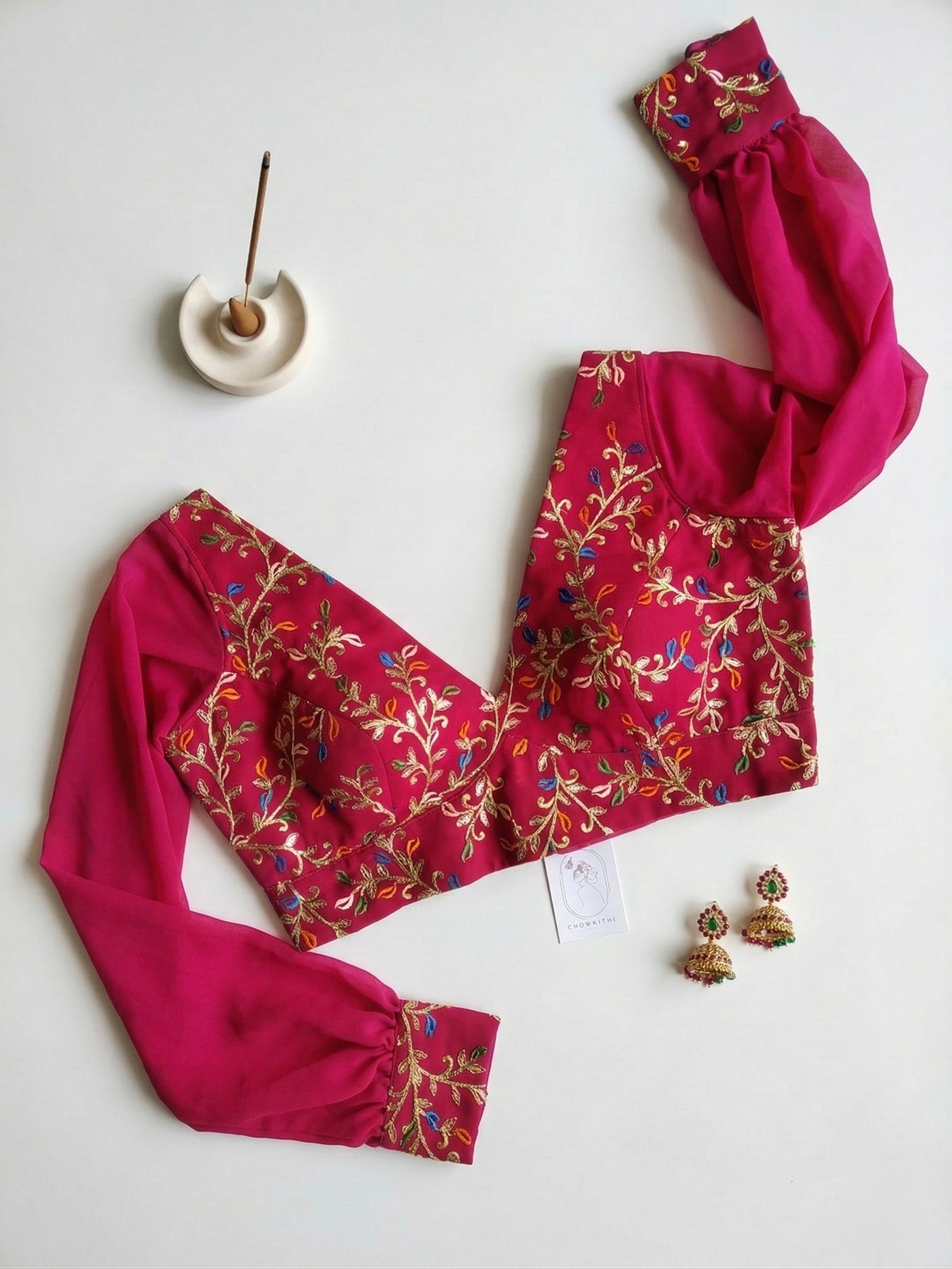 Deep V neck Bishop Sleeves Embroidered Blouse