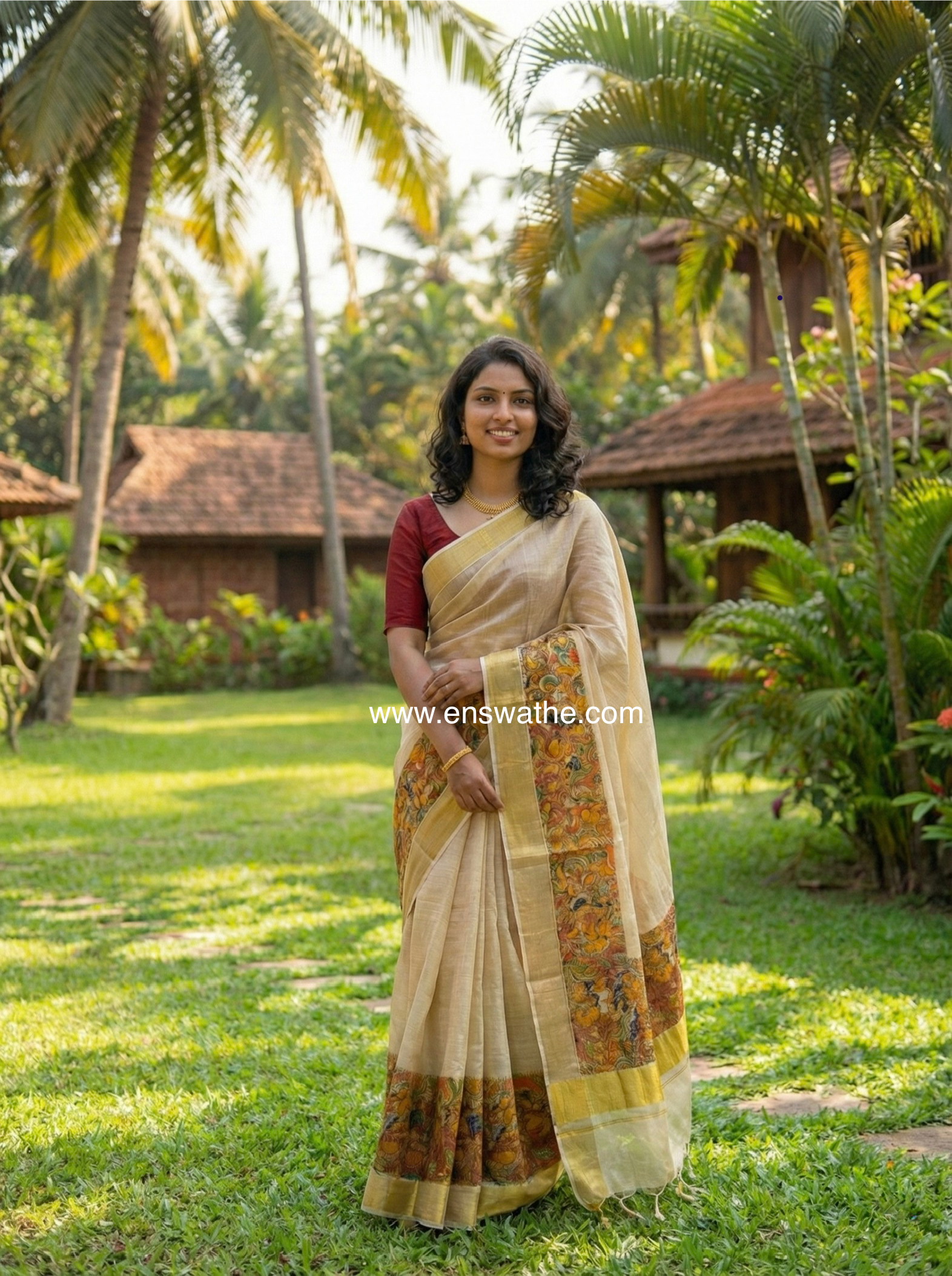 Kerala kasavu saree with mural print