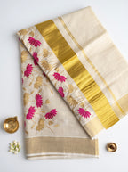 Padma-Kerala kasavu saree in tissue and lotus embroidery