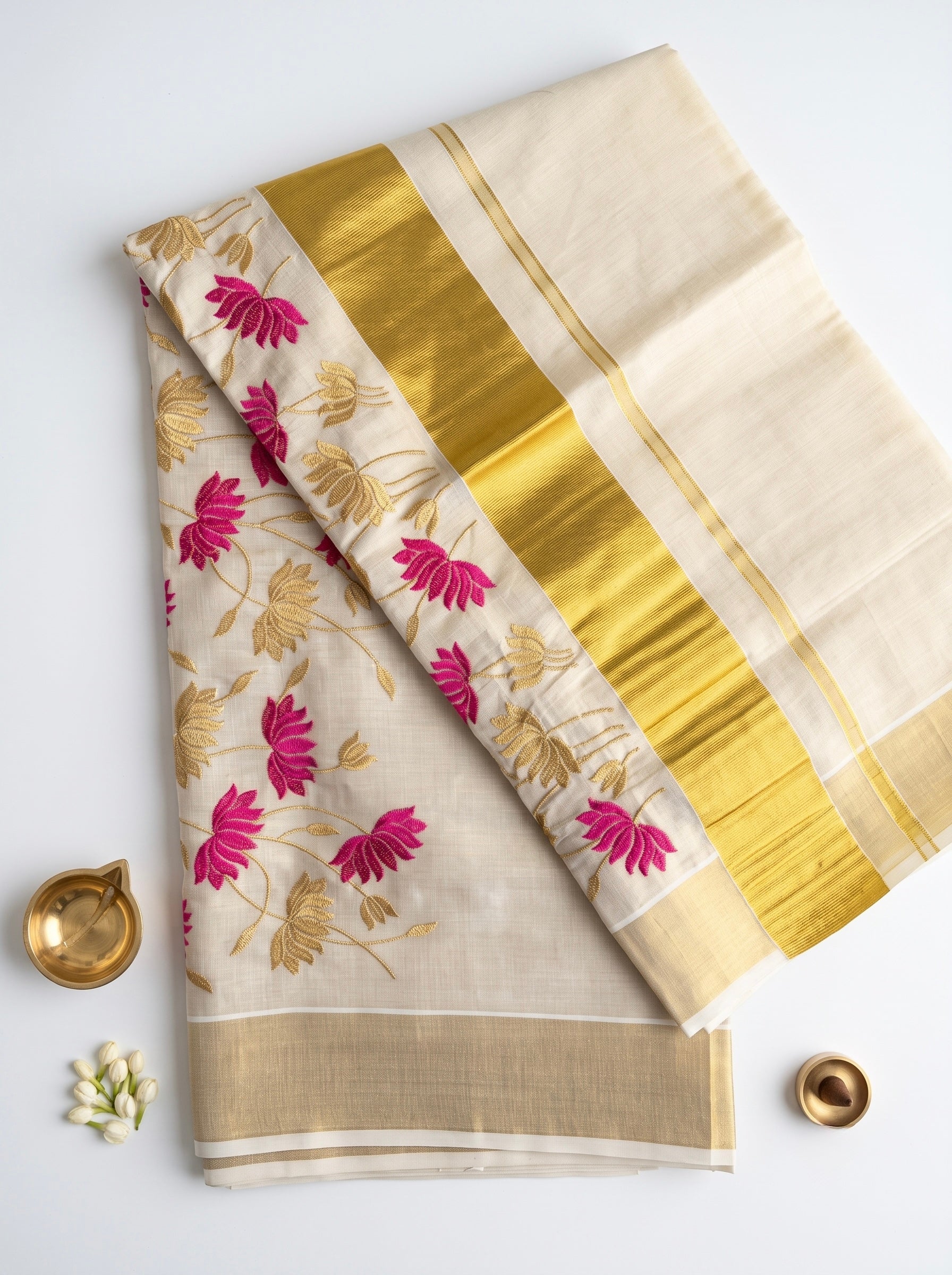 Padma-Kerala kasavu saree in tissue and lotus embroidery