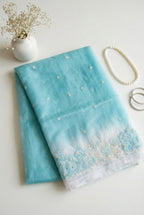 Ombre Organza saree with floral embroidery-Pastel Blue