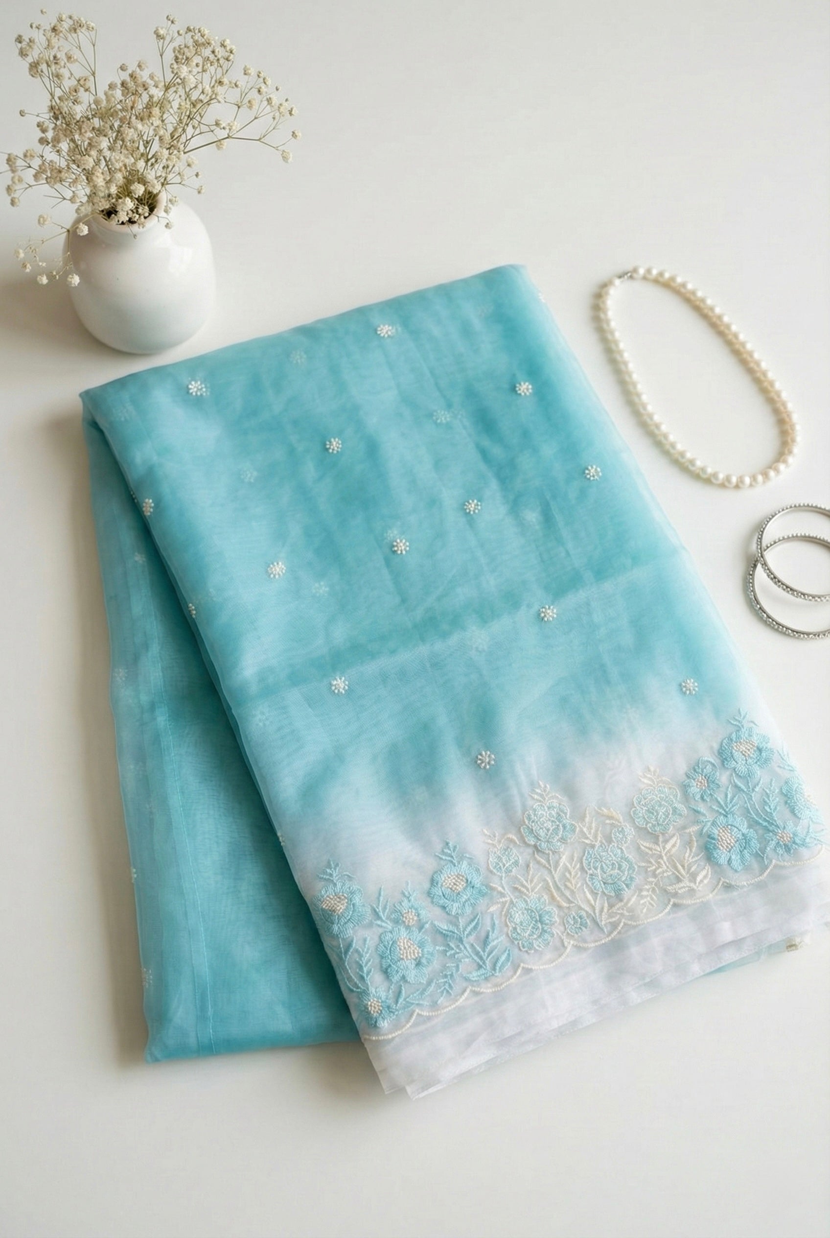 Ombre Organza saree with floral embroidery-Pastel Blue