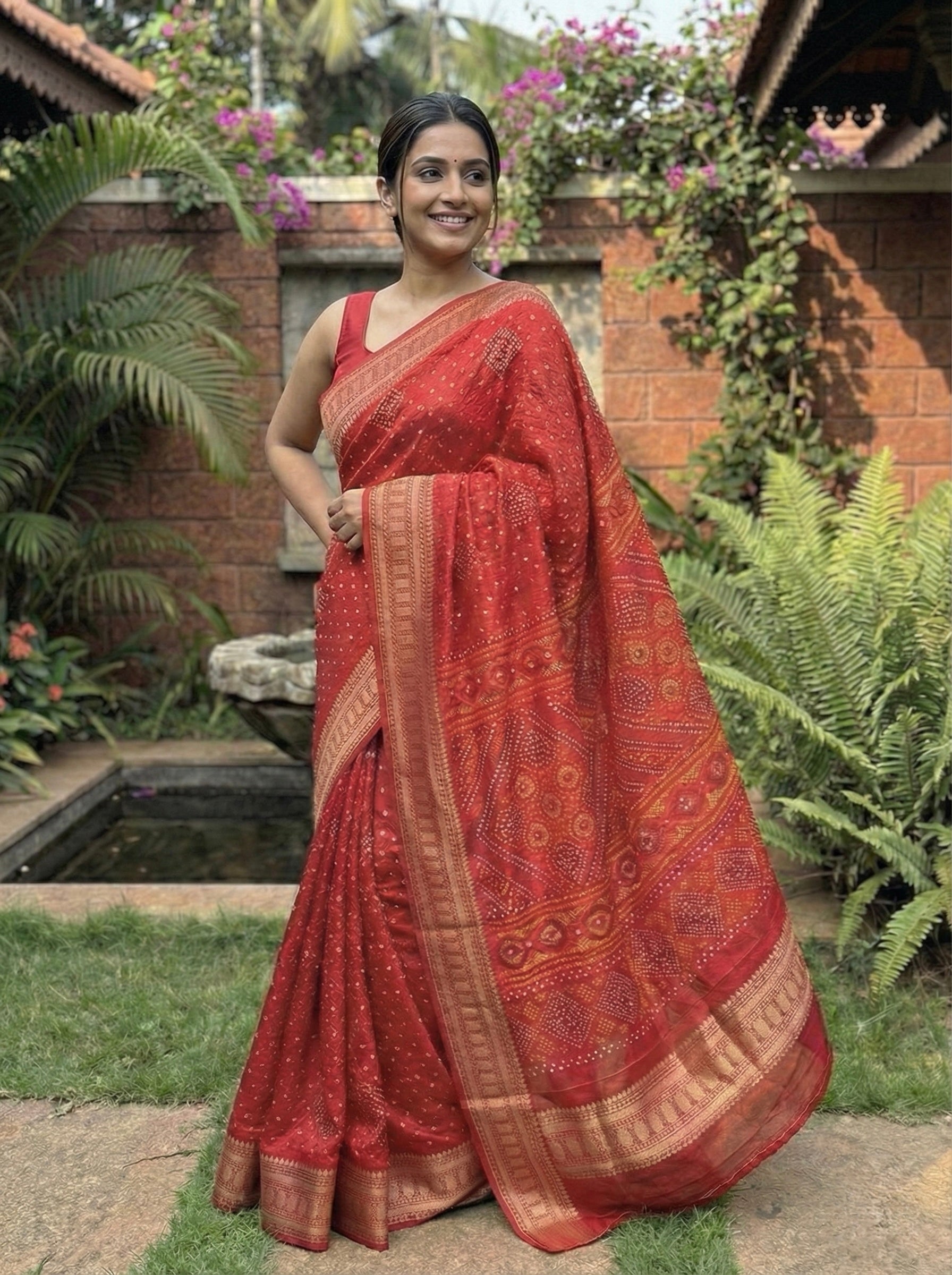 Dola silk saree with bandhani print