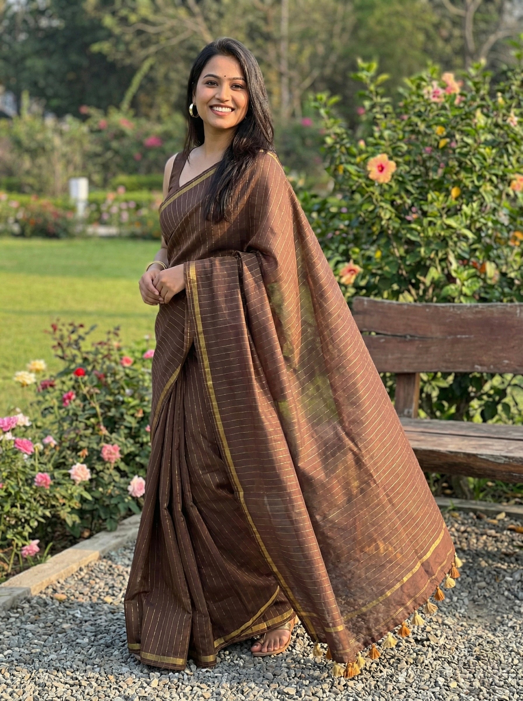 Cotton Silk Saree with gold zari stripes and Sequin pallu