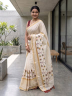 Kerala kasavu saree with handpainted floral design