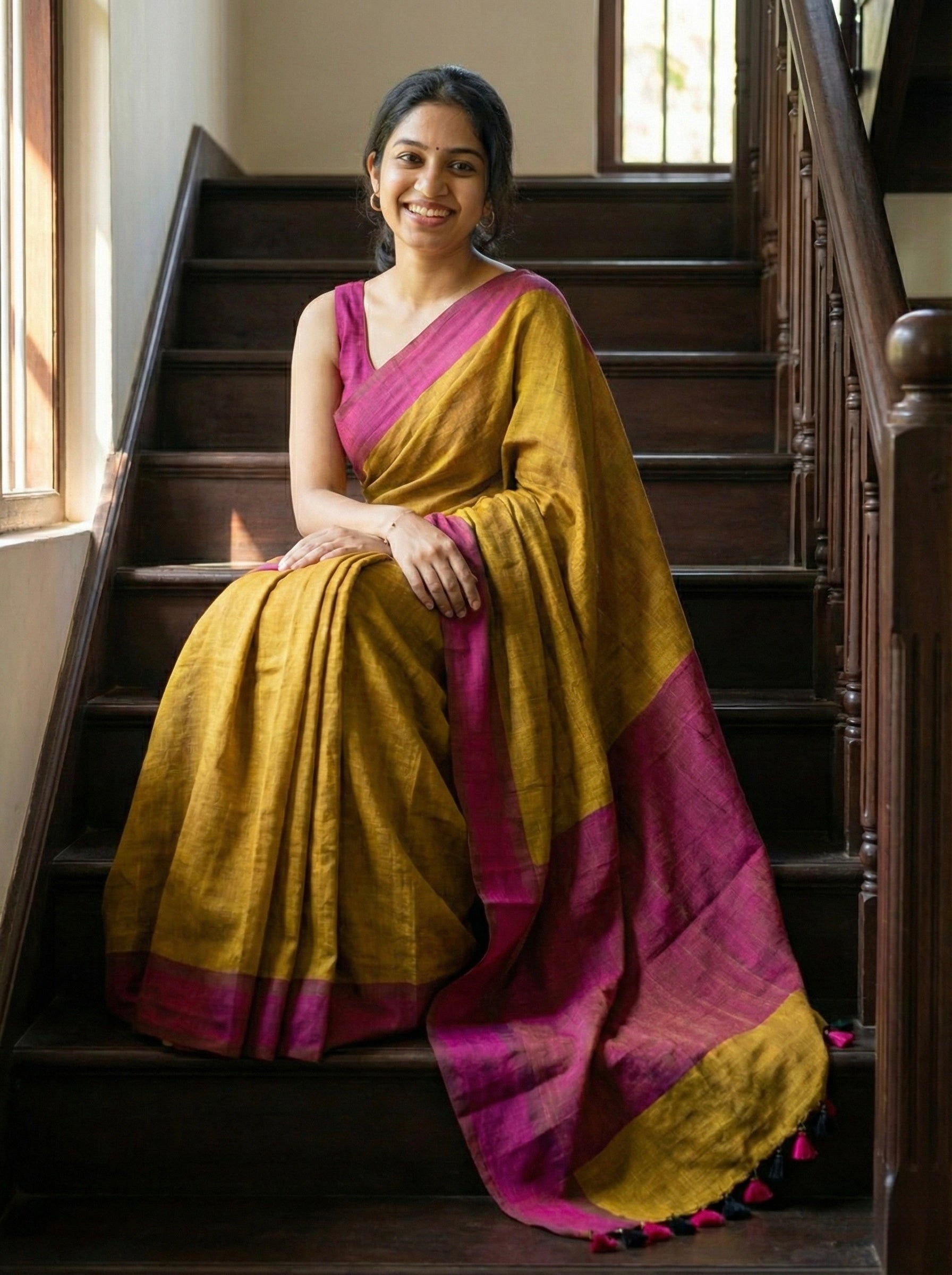 Khadi Cotton Dual Shade Saree in Pink and mustard yellow