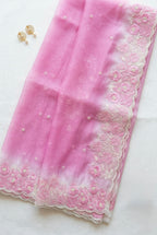 Ombre Organza saree with floral embroidery-Pastel Pink