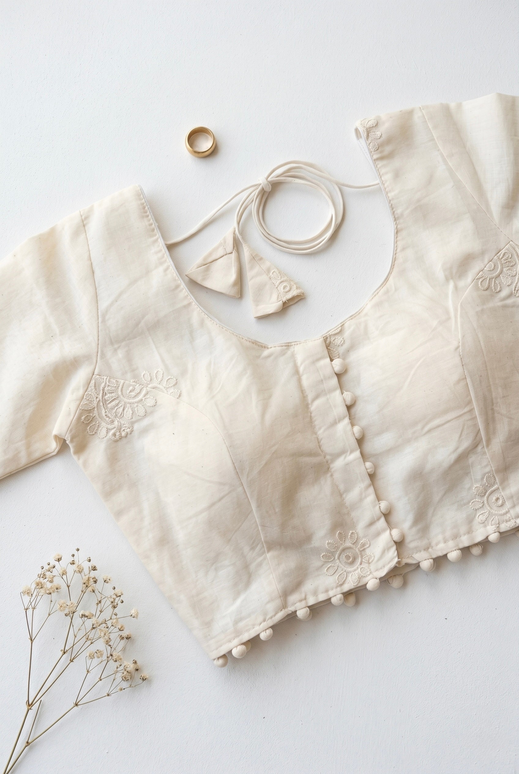 Cotton 3/4th sleeve blouse with chikan work on sleeves