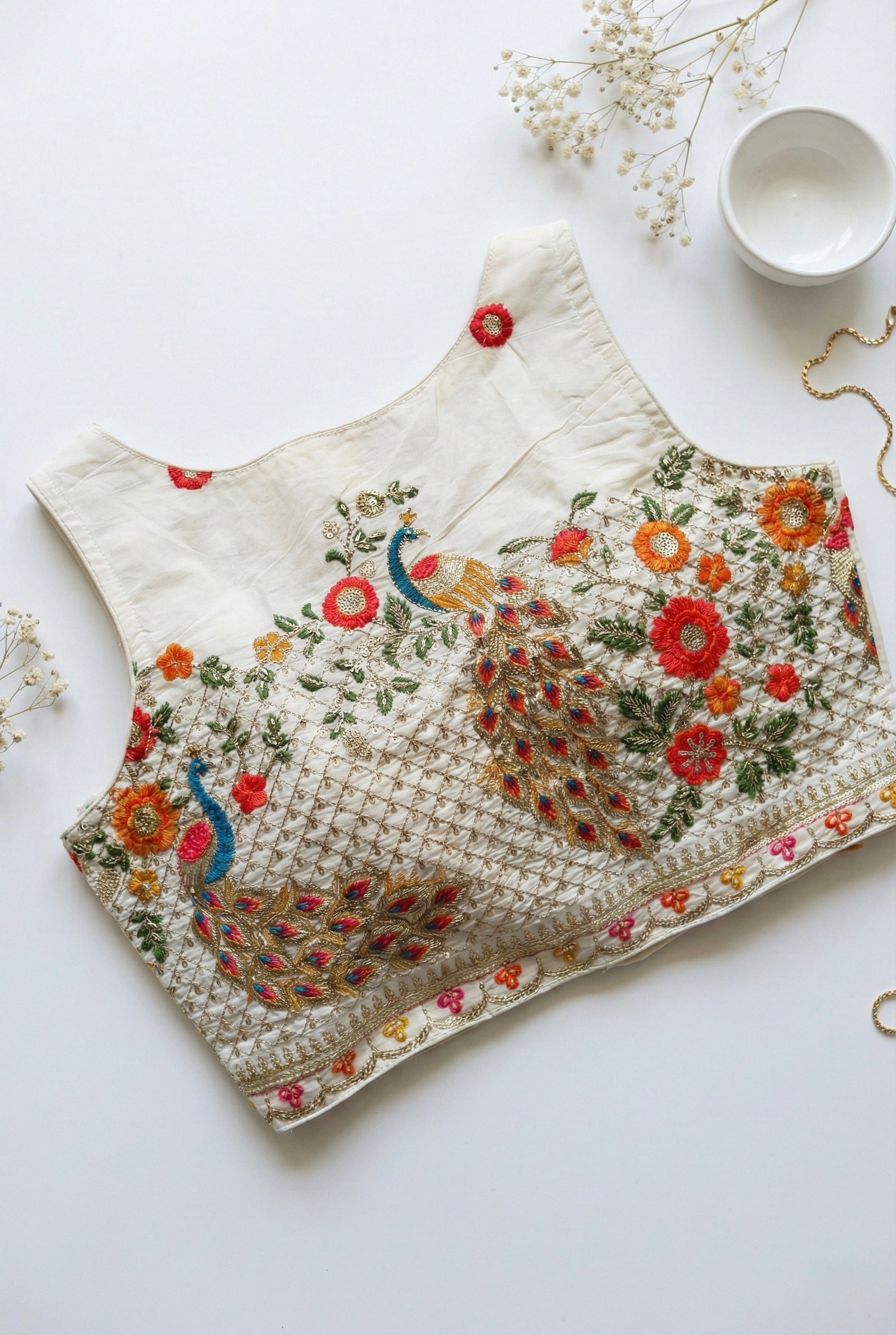 Khadi sweetheart neck blouse in peacock embroidery