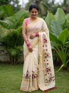 Kerala kasavu saree with handpainted floral bouquet design