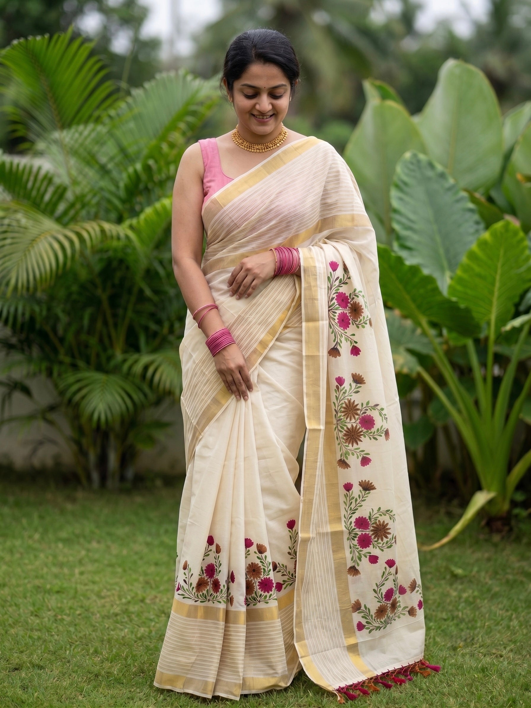 Kerala kasavu saree with handpainted floral bouquet design