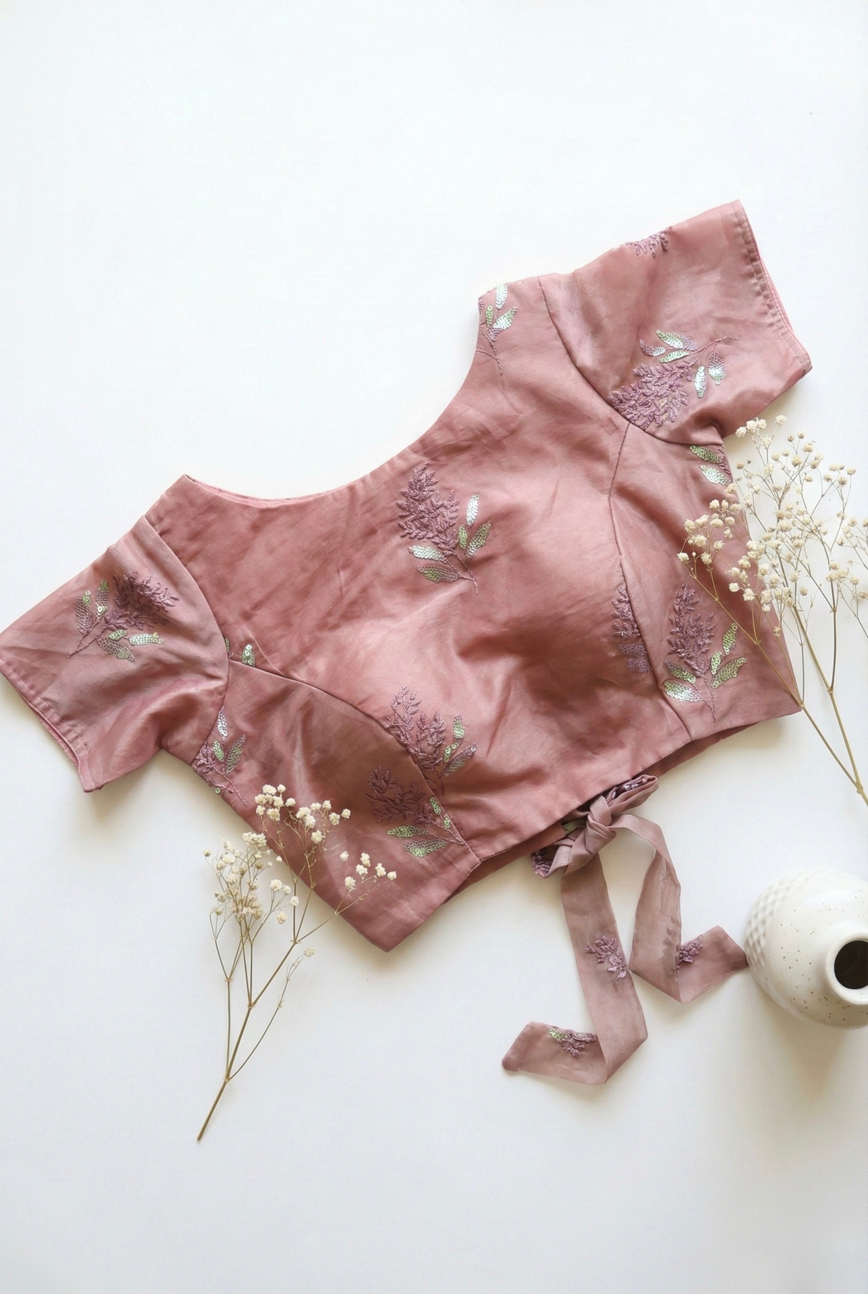 Organza Boat Neck Back Tie Blouse