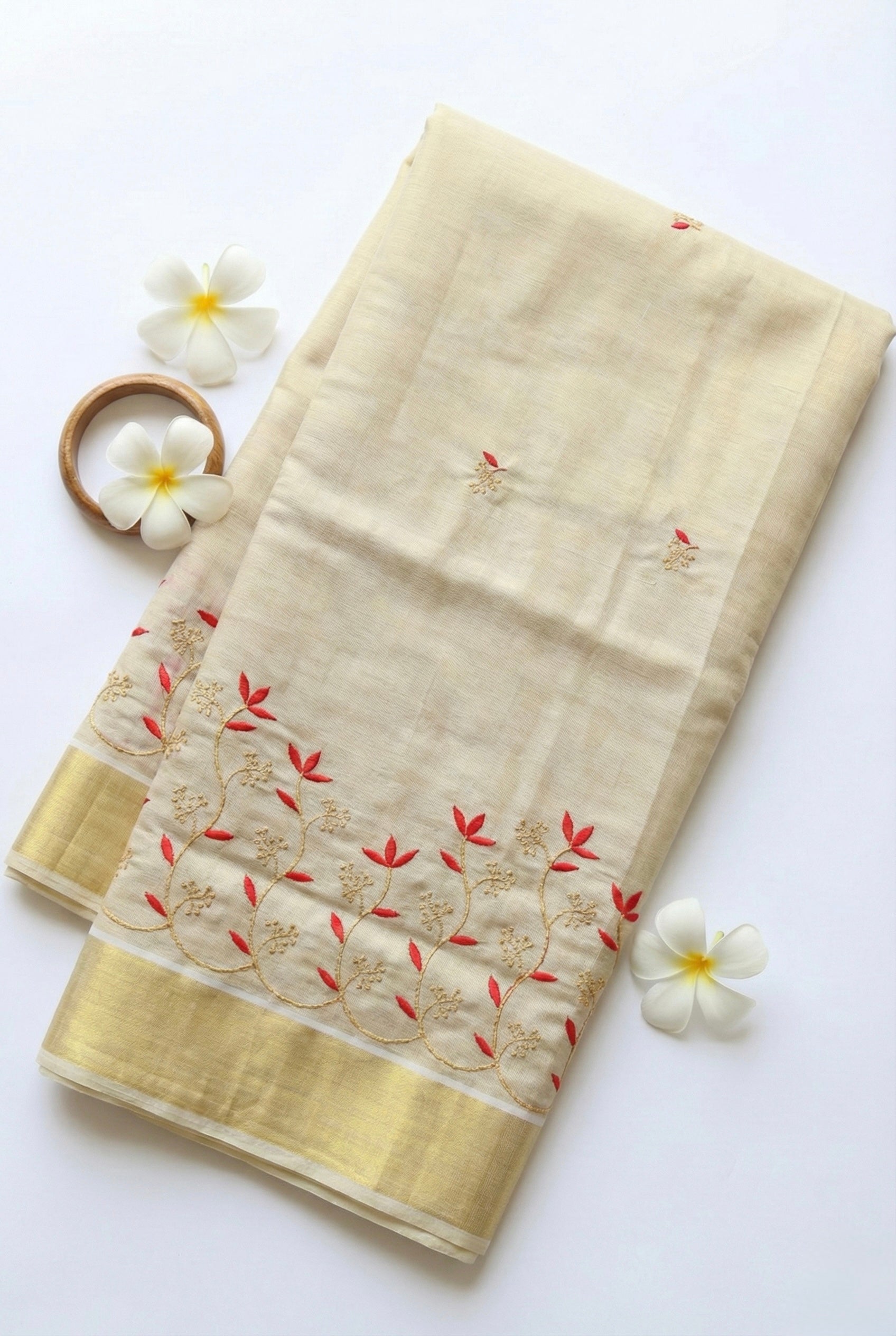 Kerala kasavu saree with gold zari and embroidery