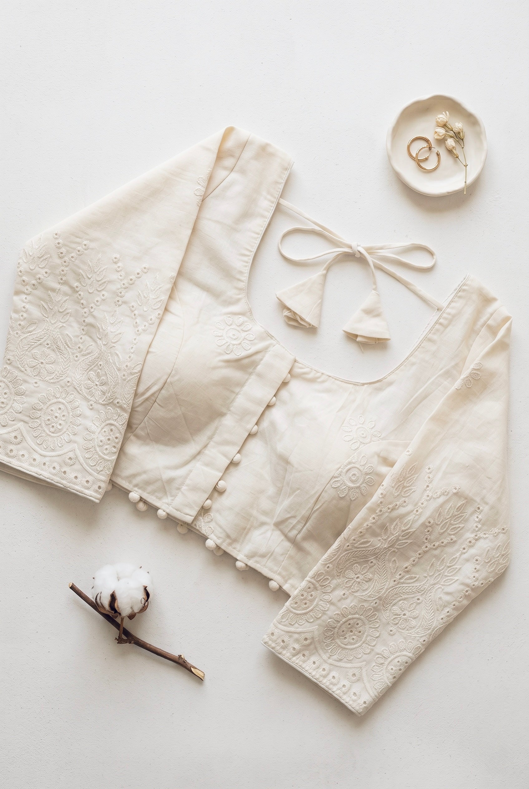 Cotton 3/4th sleeve blouse with chikan work on sleeves
