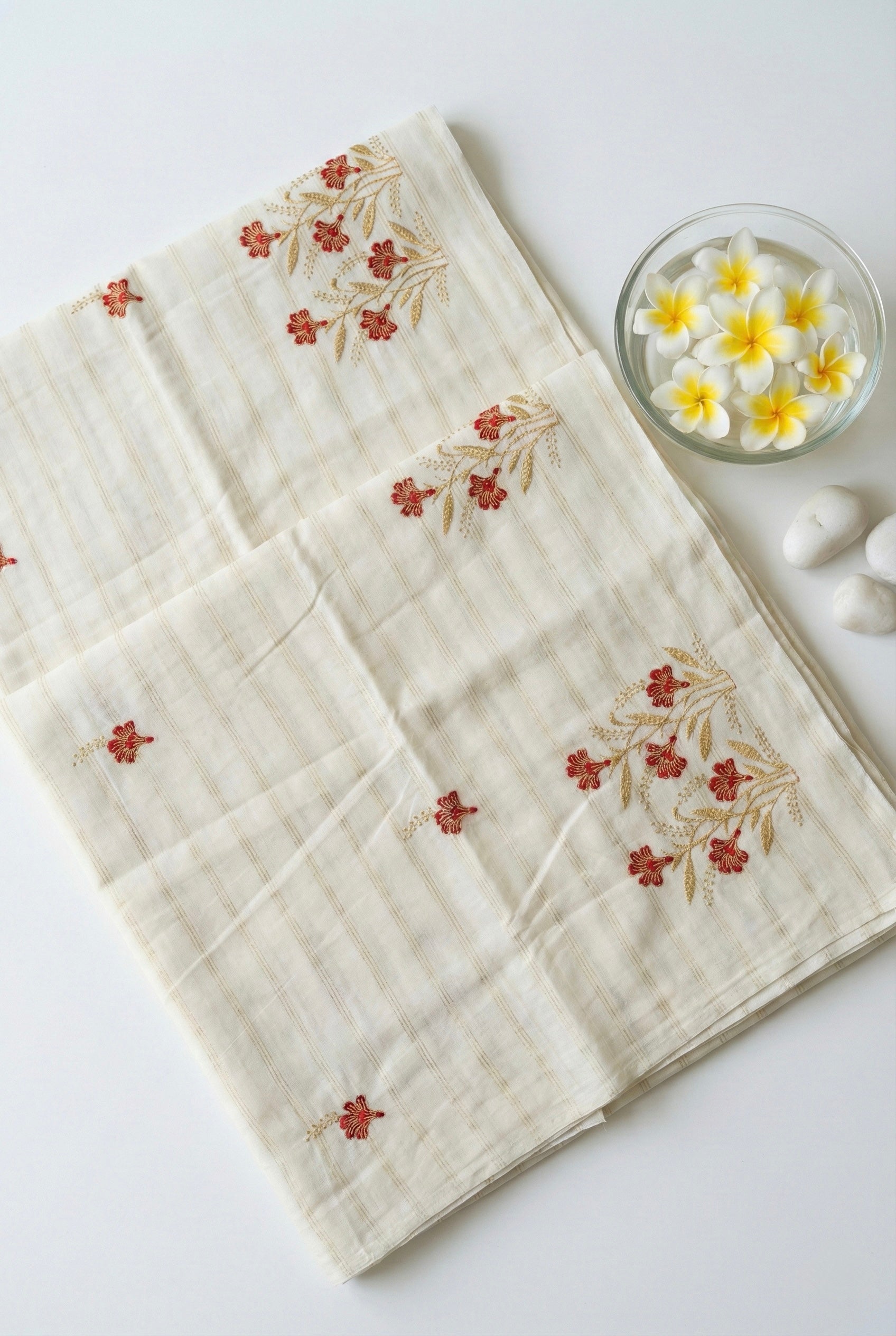 Kerala saree in gold stripes and thread floral embroidery.