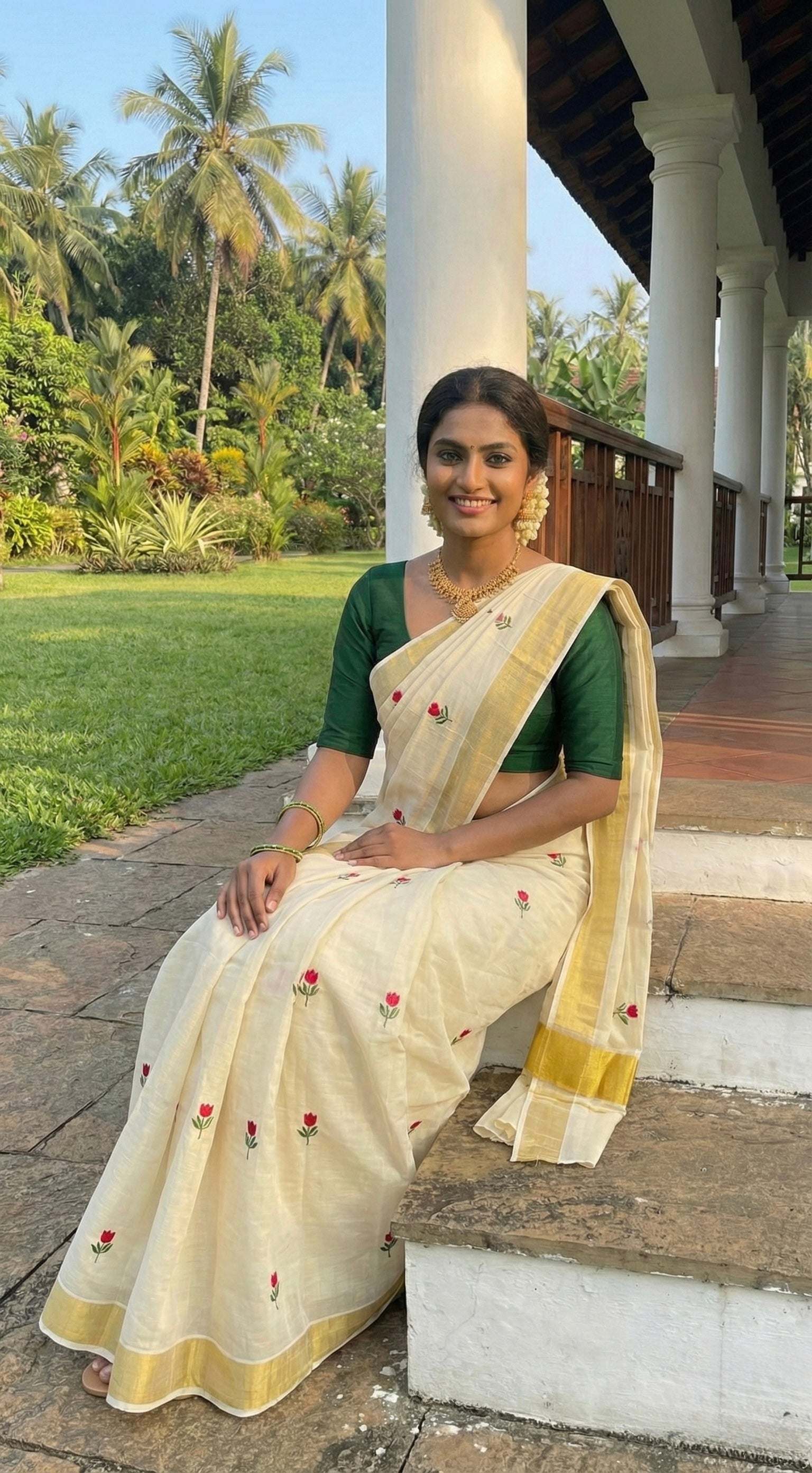 Kerala kasavu saree with tulip flower thread motifs