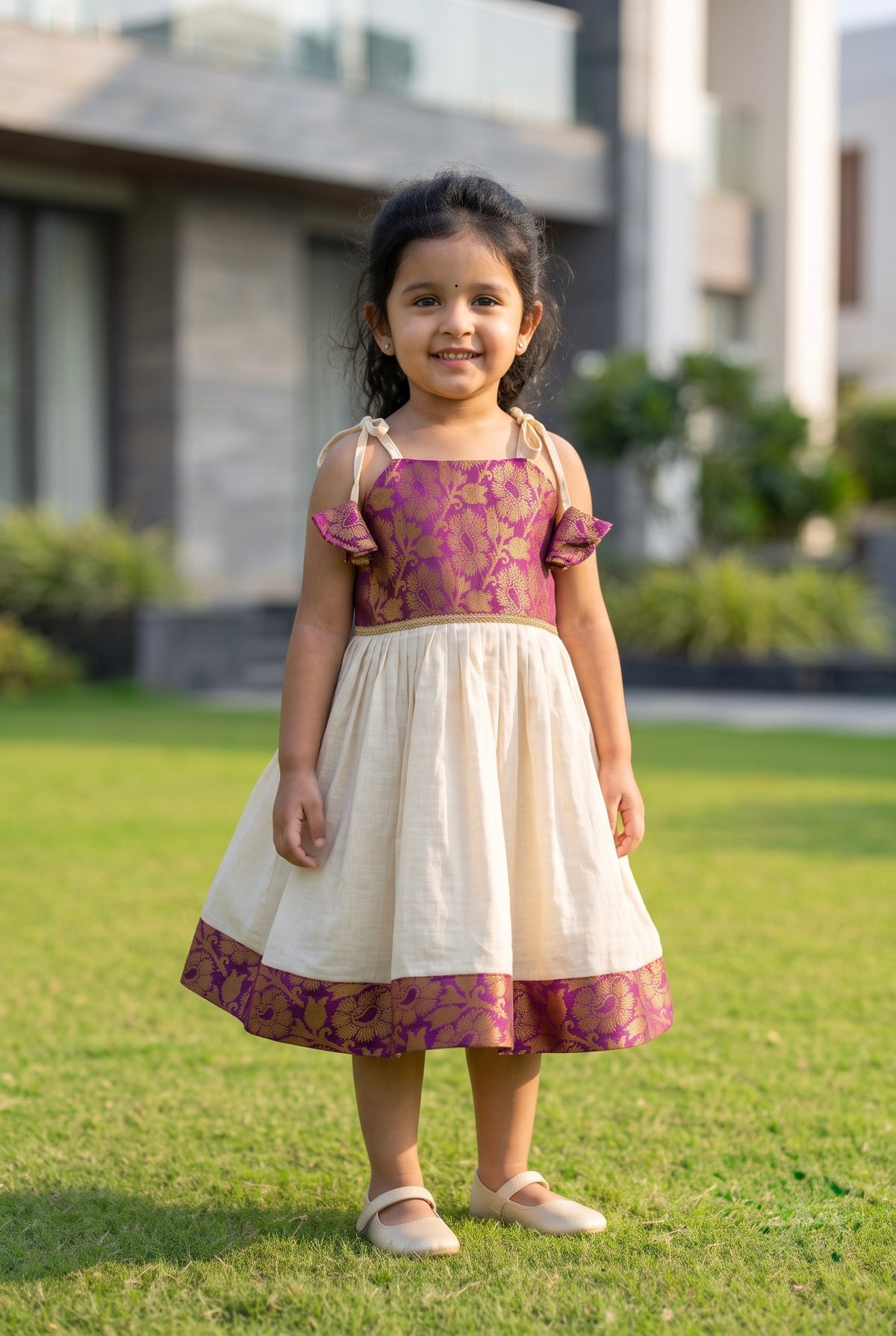 Gulabo - Cotton and Brocade Majenta ethnic frock with tie for girls
