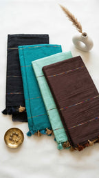 Cotton Silk Saree with gold zari stripes and Sequin pallu