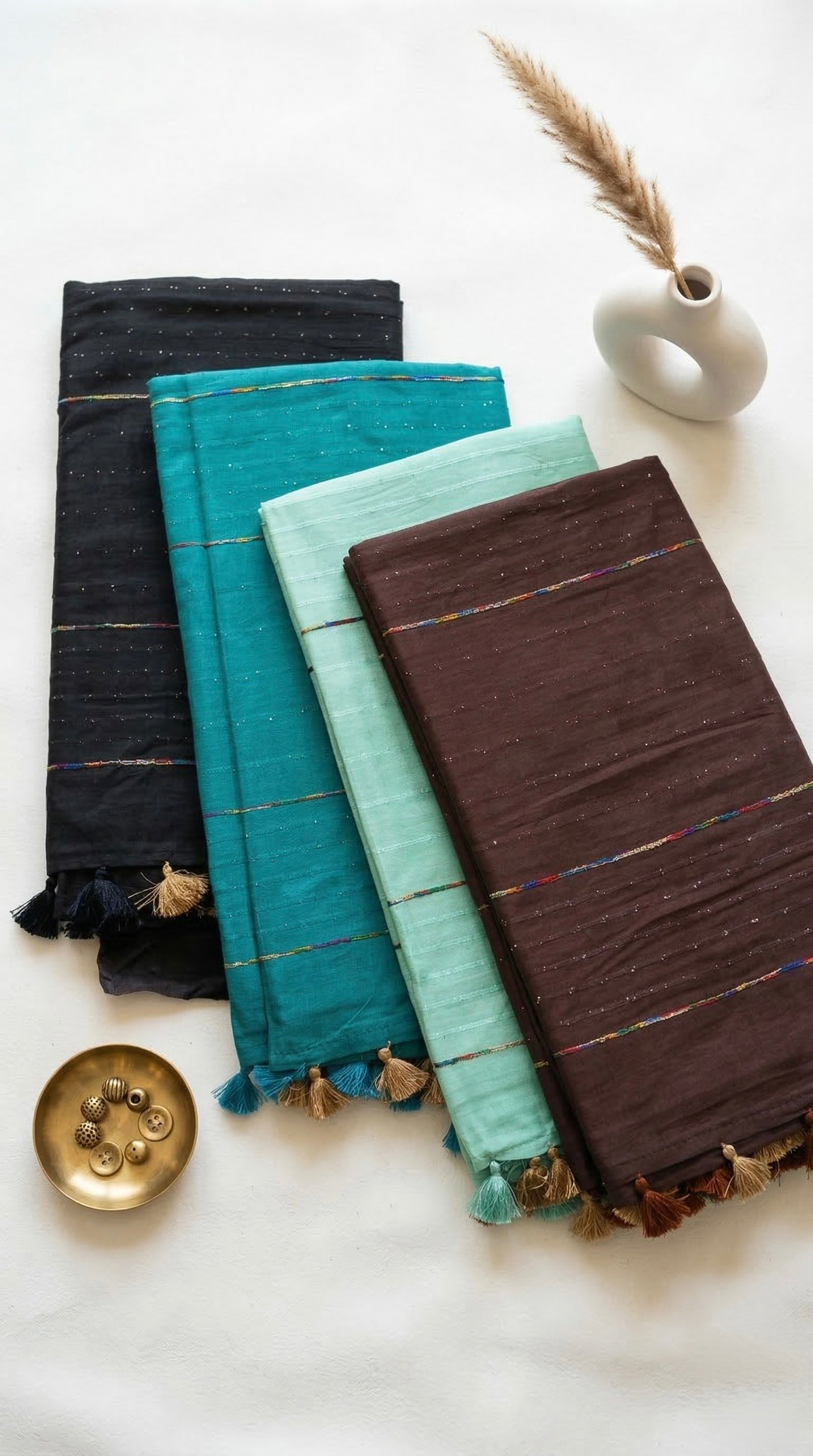 Cotton Silk Saree with gold zari stripes and Sequin pallu