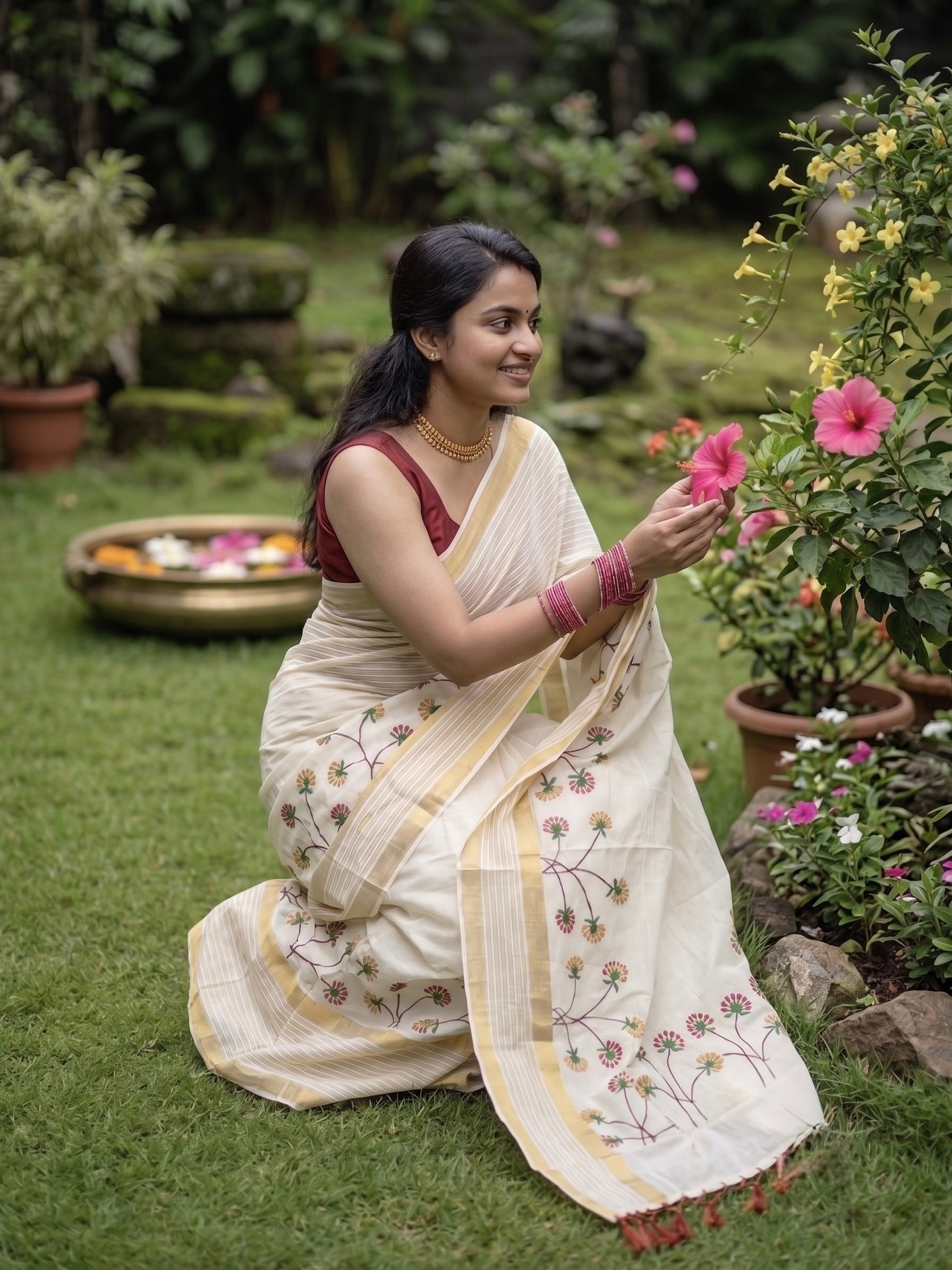 Kerala kasavu saree with handpainted floral design