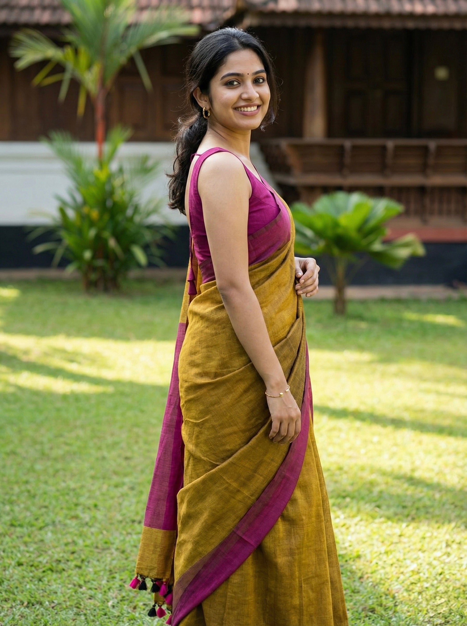 Khadi Cotton Dual Shade Saree in Pink and mustard yellow
