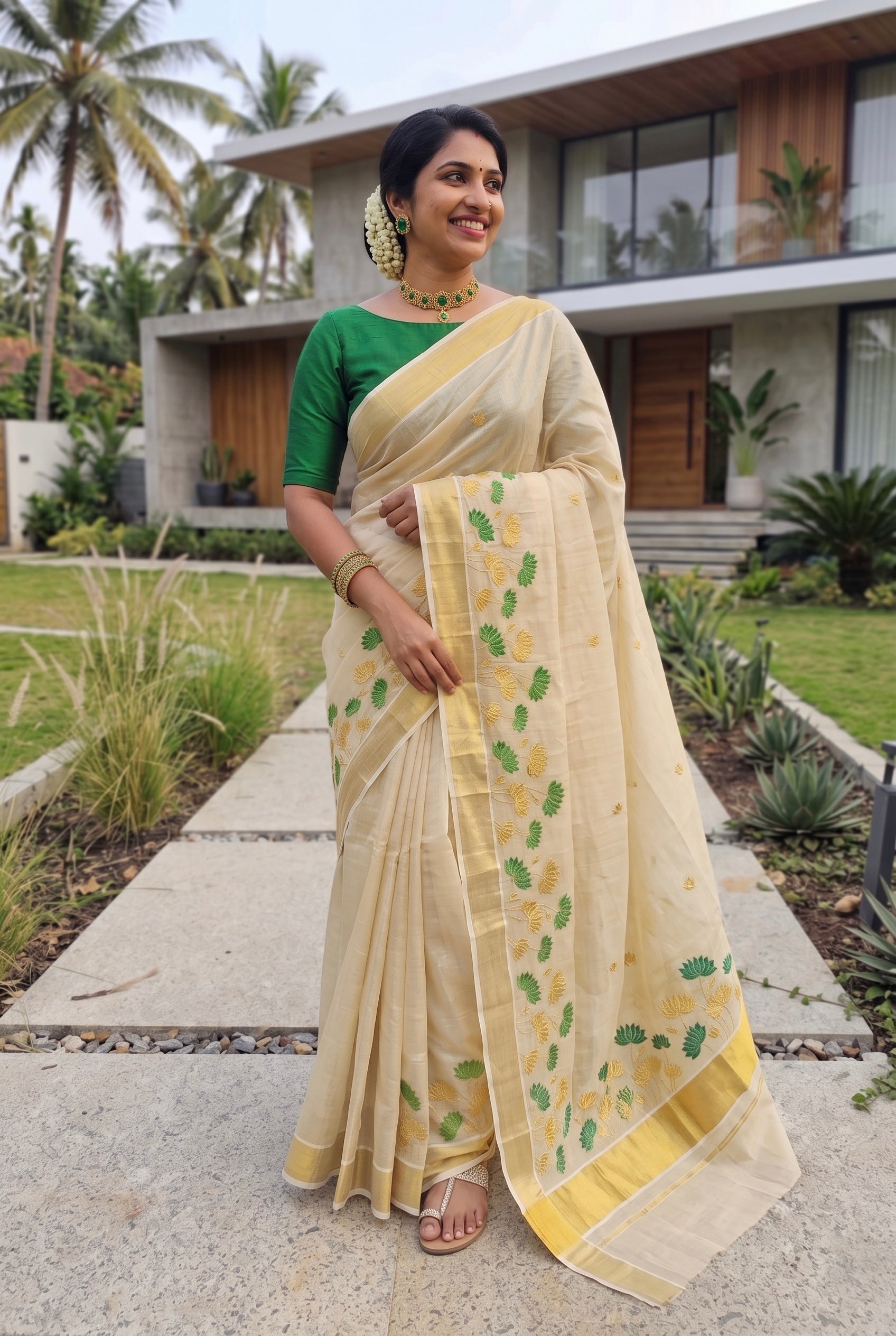 Padma-Kerala kasavu saree in tissue and lotus embroidery