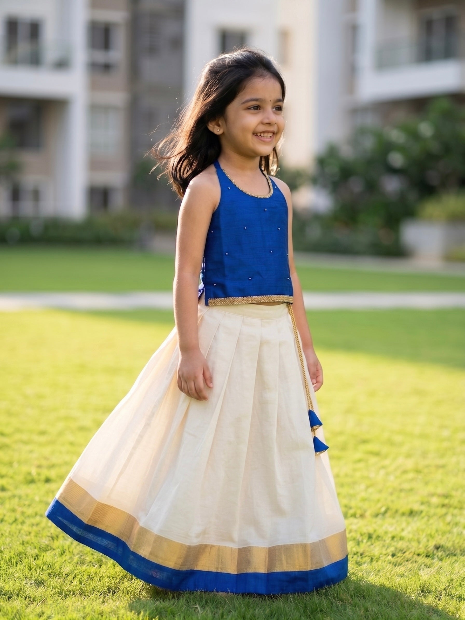 Blue & Ivory halter neck ethnic skirt and top for girls