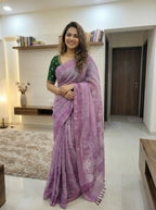 Linen tissue saree in Lavender and Pink floral thread work