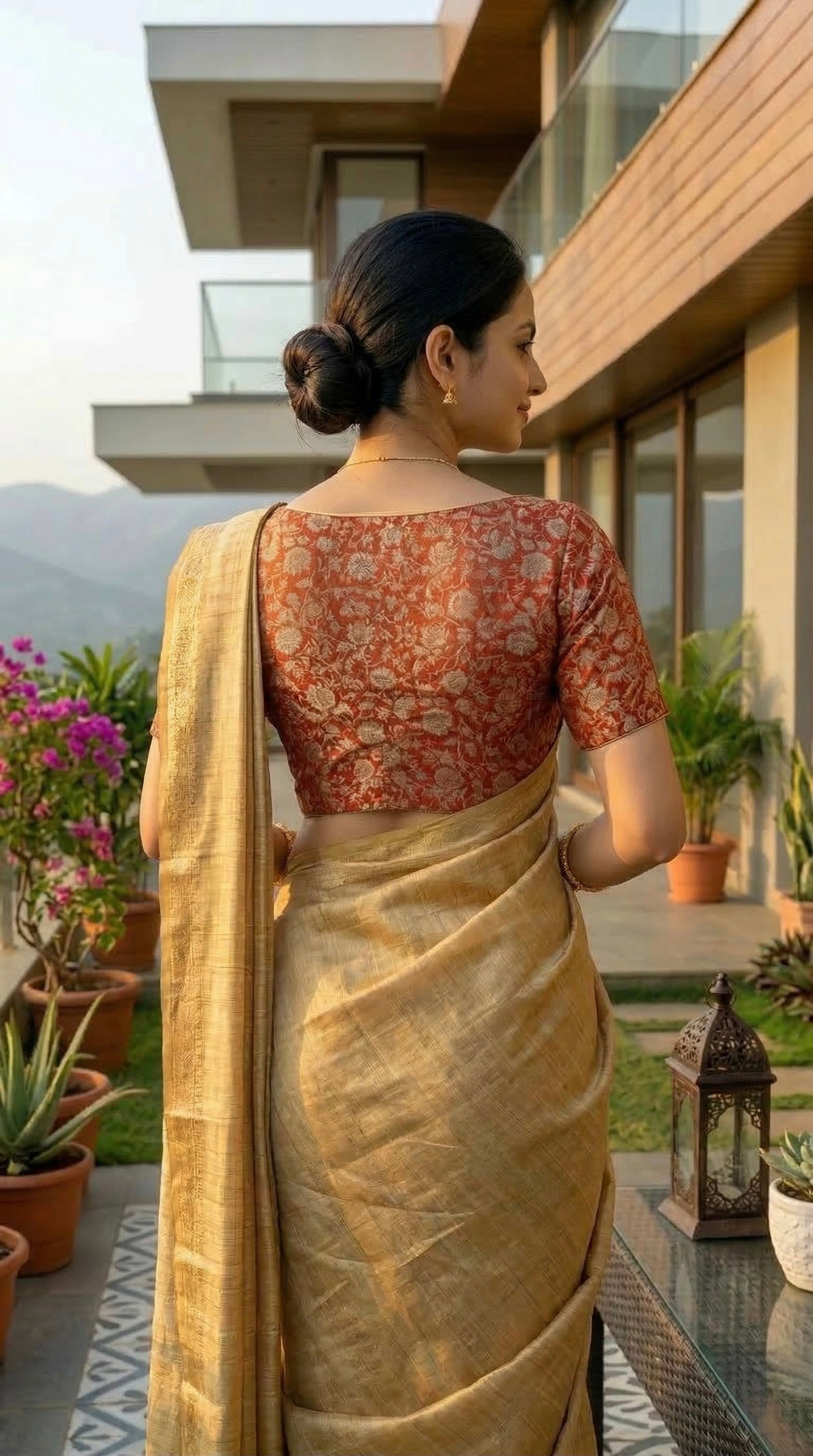 Brocade V-neck half sleeve blouse
