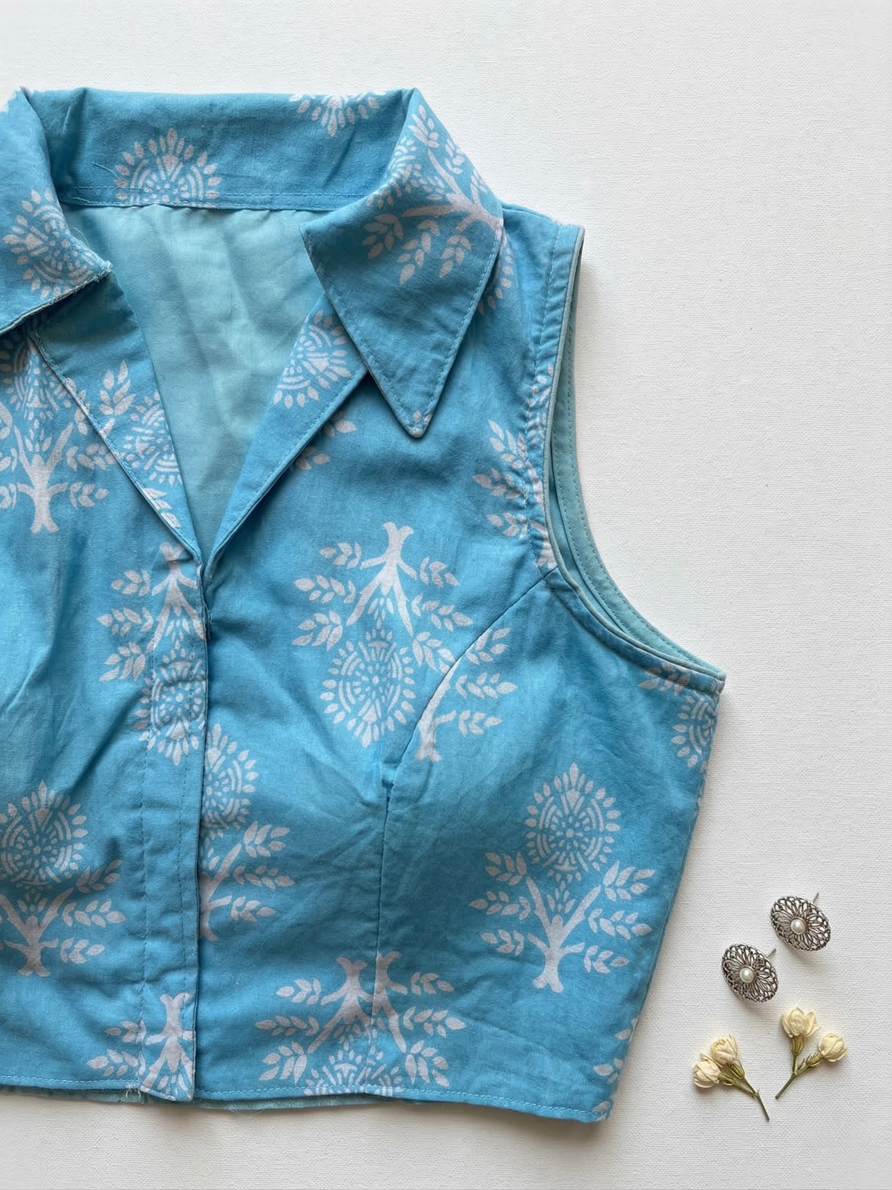 Jal - Aqua Blue Jaipur print collared blouse