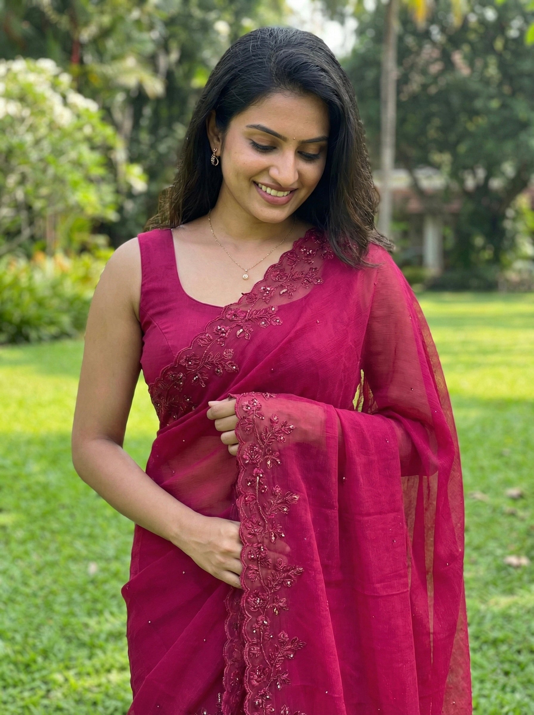 Viscose Organza saree with scalloped embroidered borders