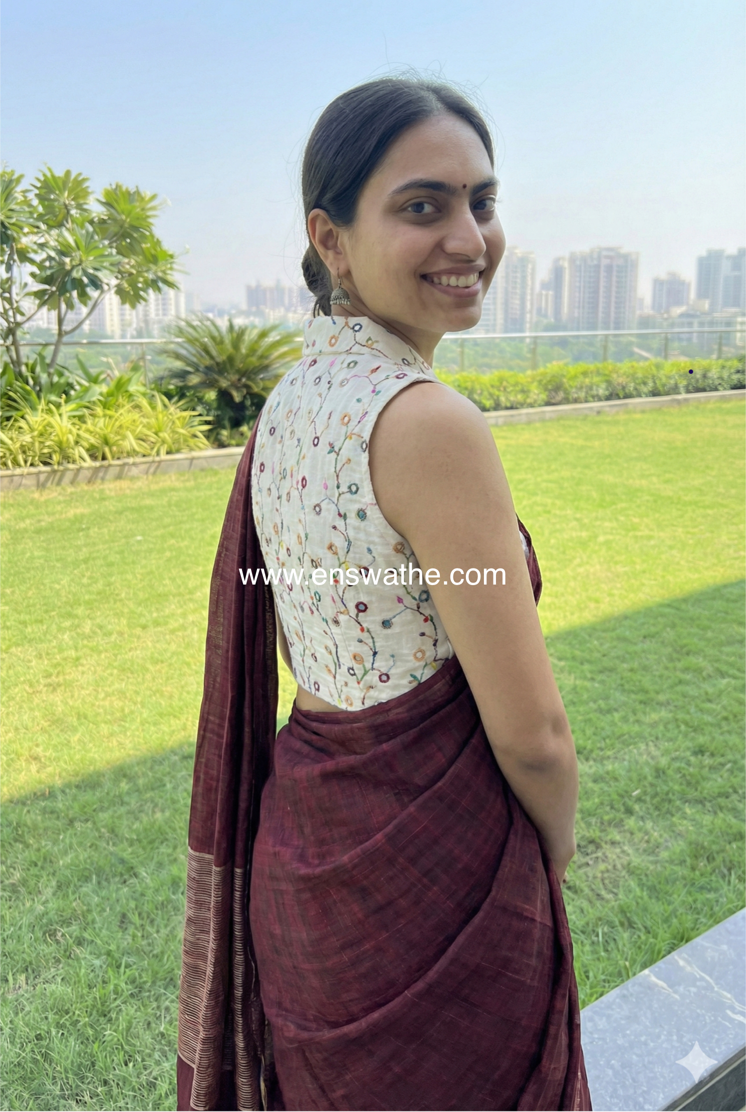 Khadi collared blouse in multicolour mirror work