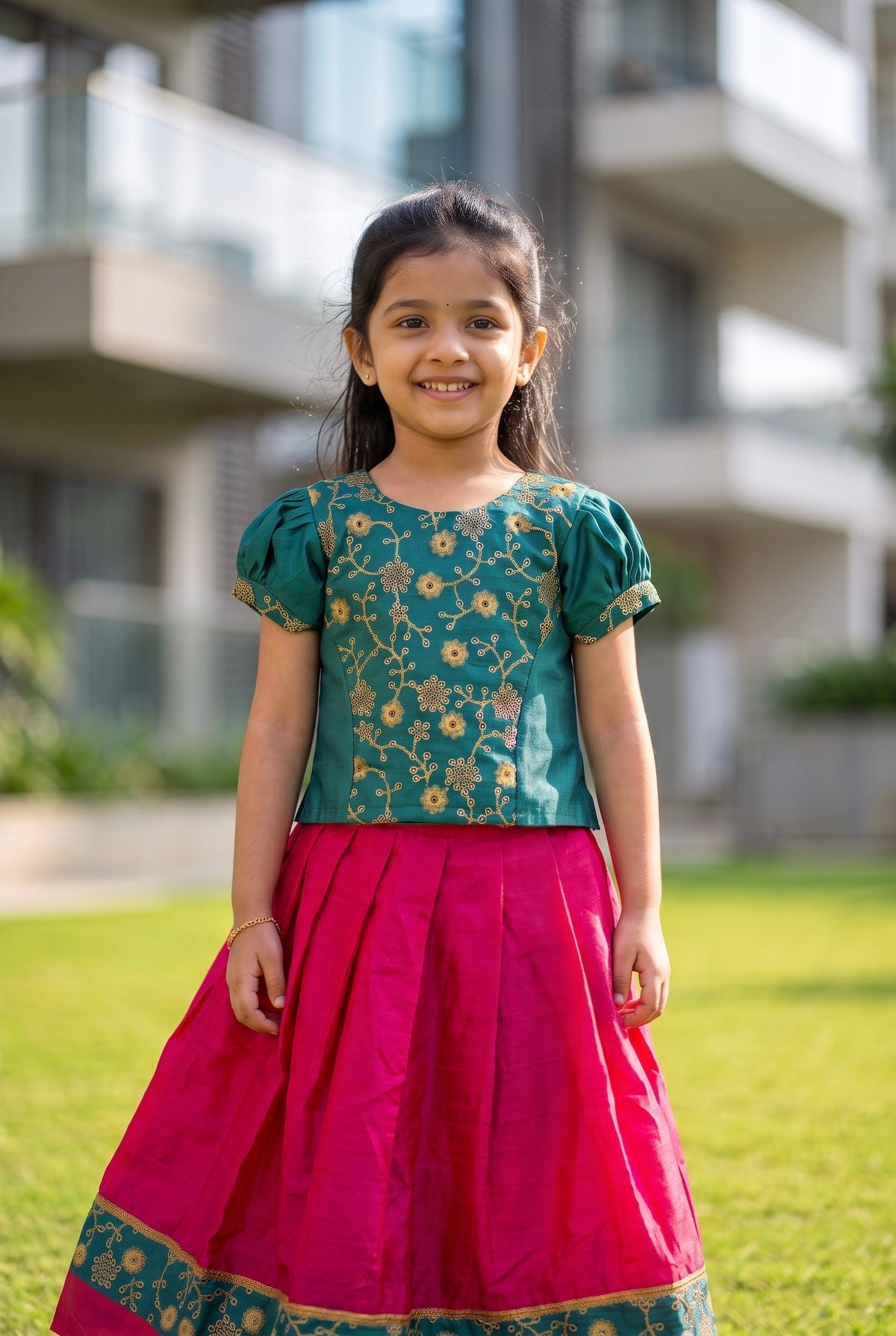 Mishti - Green pink ethnic skirt and top for girls