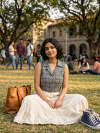 Meher - Teal blue ajrakh print notched collar blouse