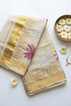 Kerala kasavu saree with coconut tree embroidery