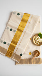 Bindu-Kerala kasavu saree with printed polka dots