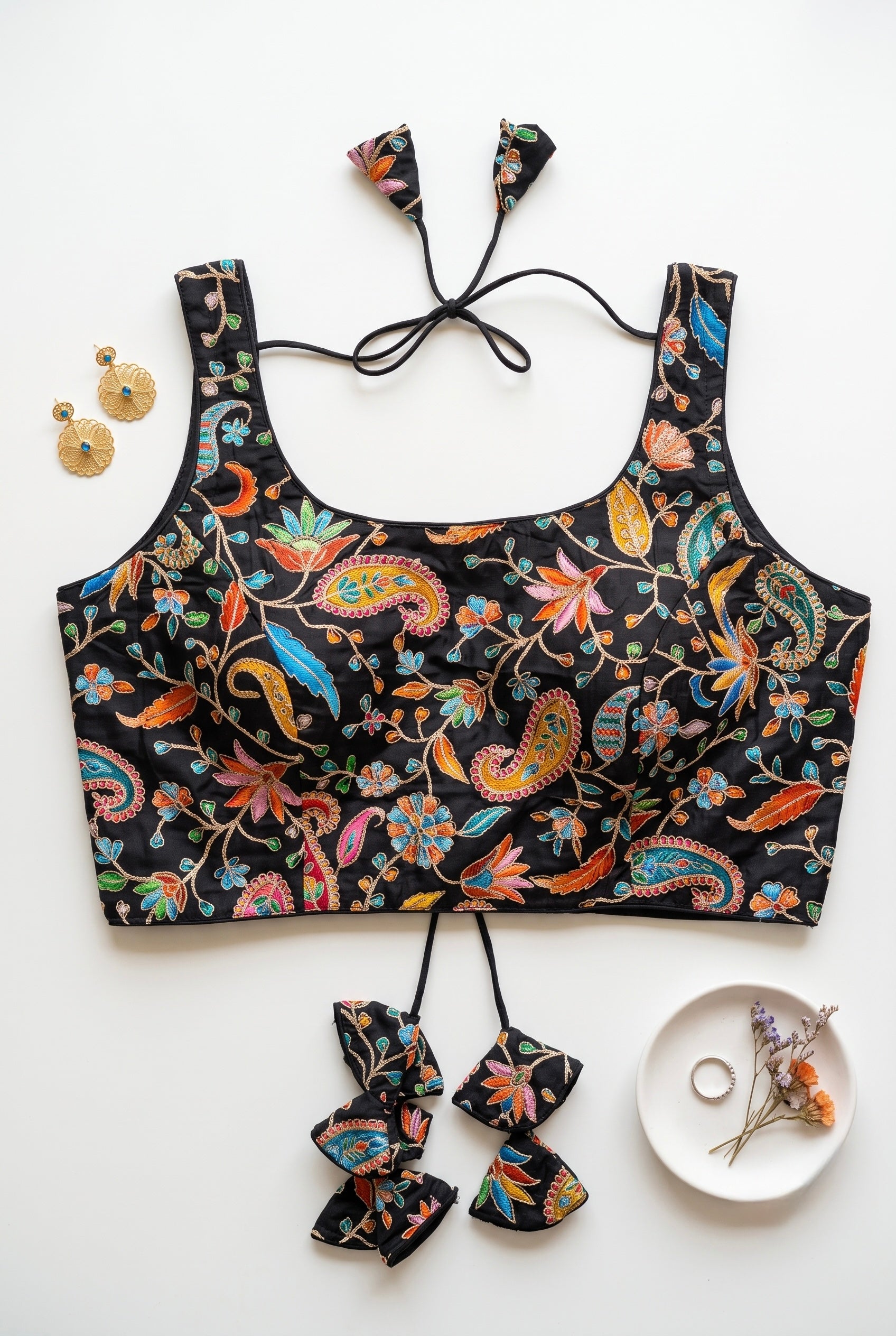 Phoolkari Sleeveless- Multicolour print and sequin blouse