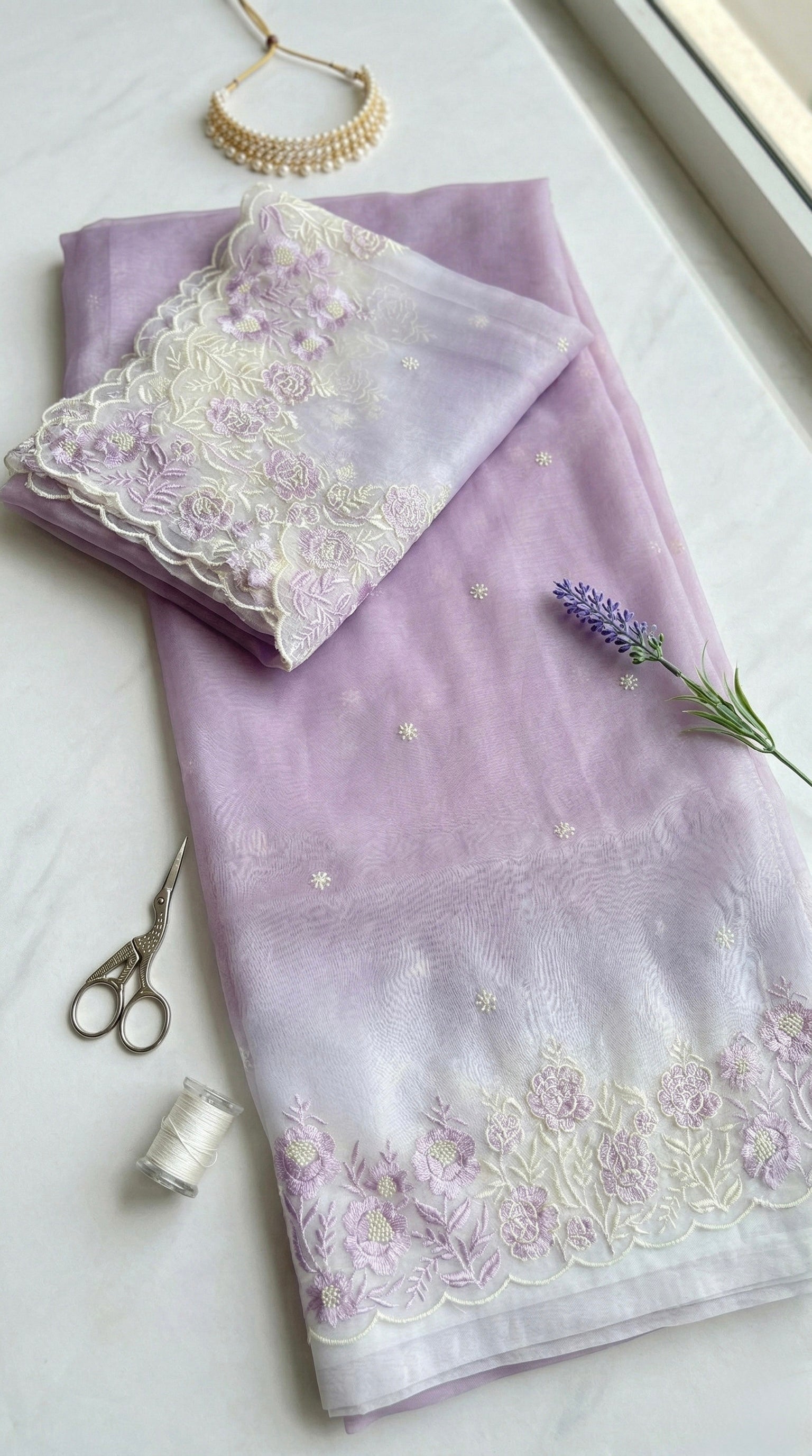 Ombre Organza saree with floral embroidery-Lavender