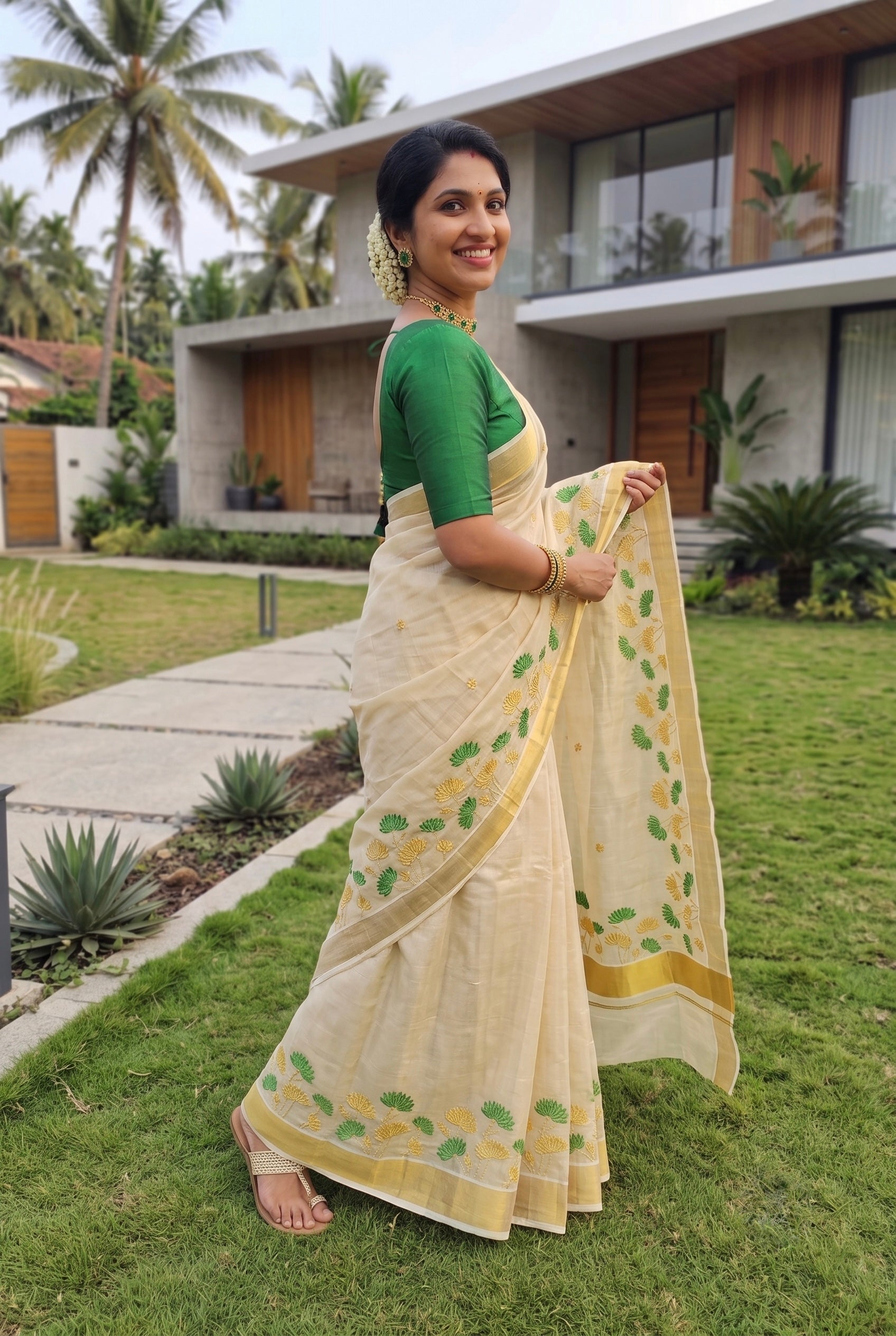Padma-Kerala kasavu saree in tissue and lotus embroidery